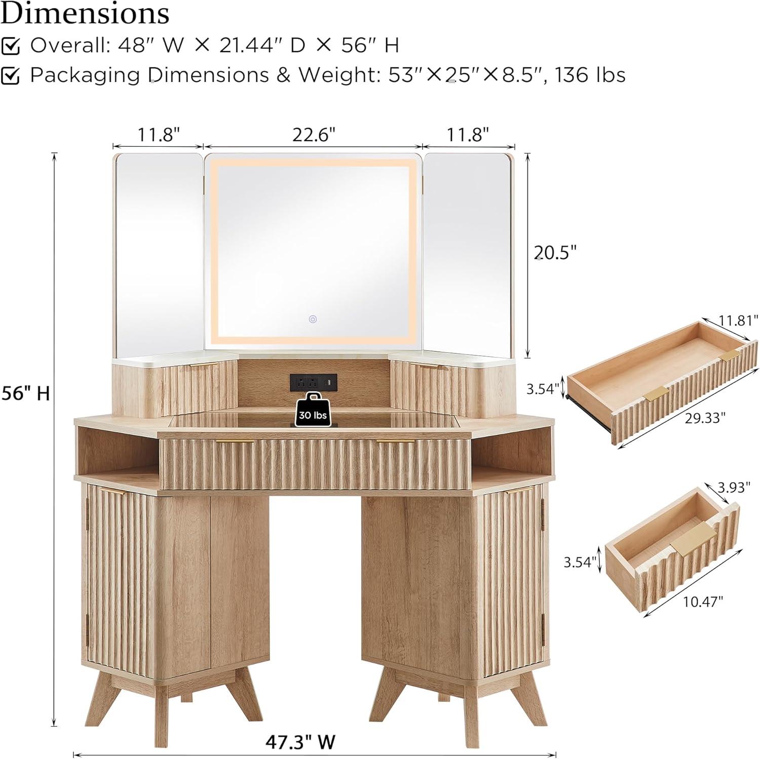 Brayden Studio® Fluted Makeup Vanity Desk with 3 Way Mirror and Lights,48" Large Corner Vanity Table with Glass Top