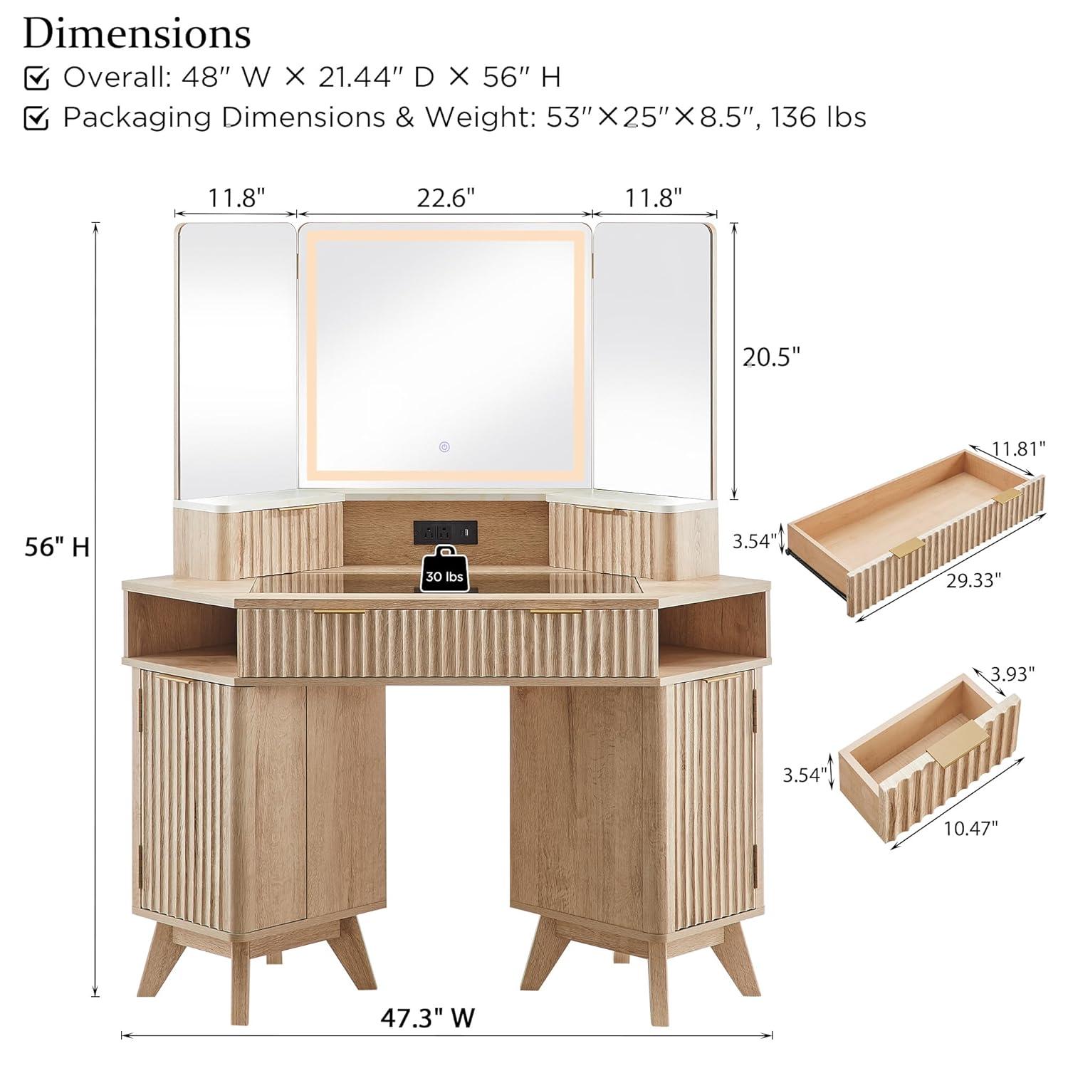 Brayden Studio® Fluted Makeup Vanity Desk with 3 Way Mirror and Lights,48" Large Corner Vanity Table with Glass Top