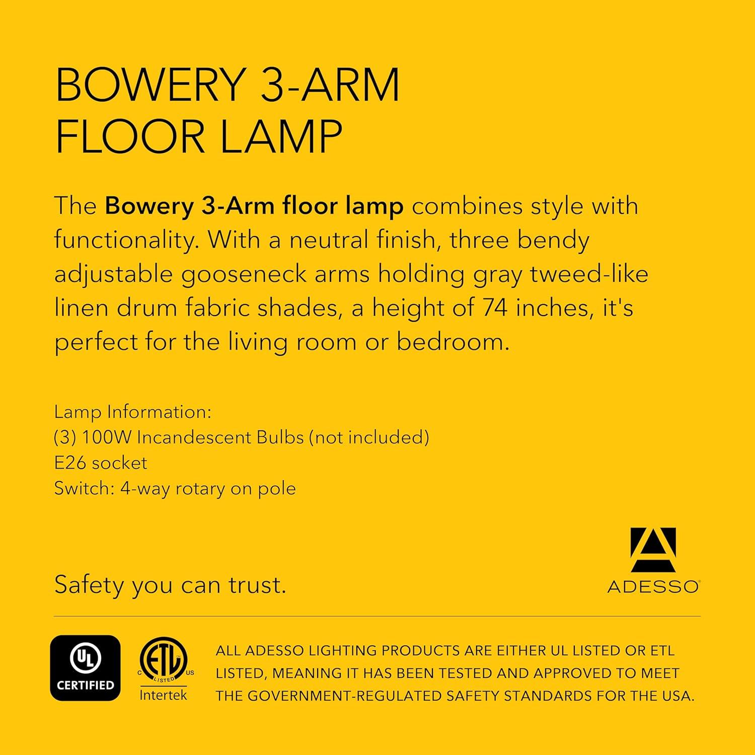 3-Arm Bowery Arc Lamp Brushed Steel - Adesso: Adjustable, Overhead Lighting with Marble Base