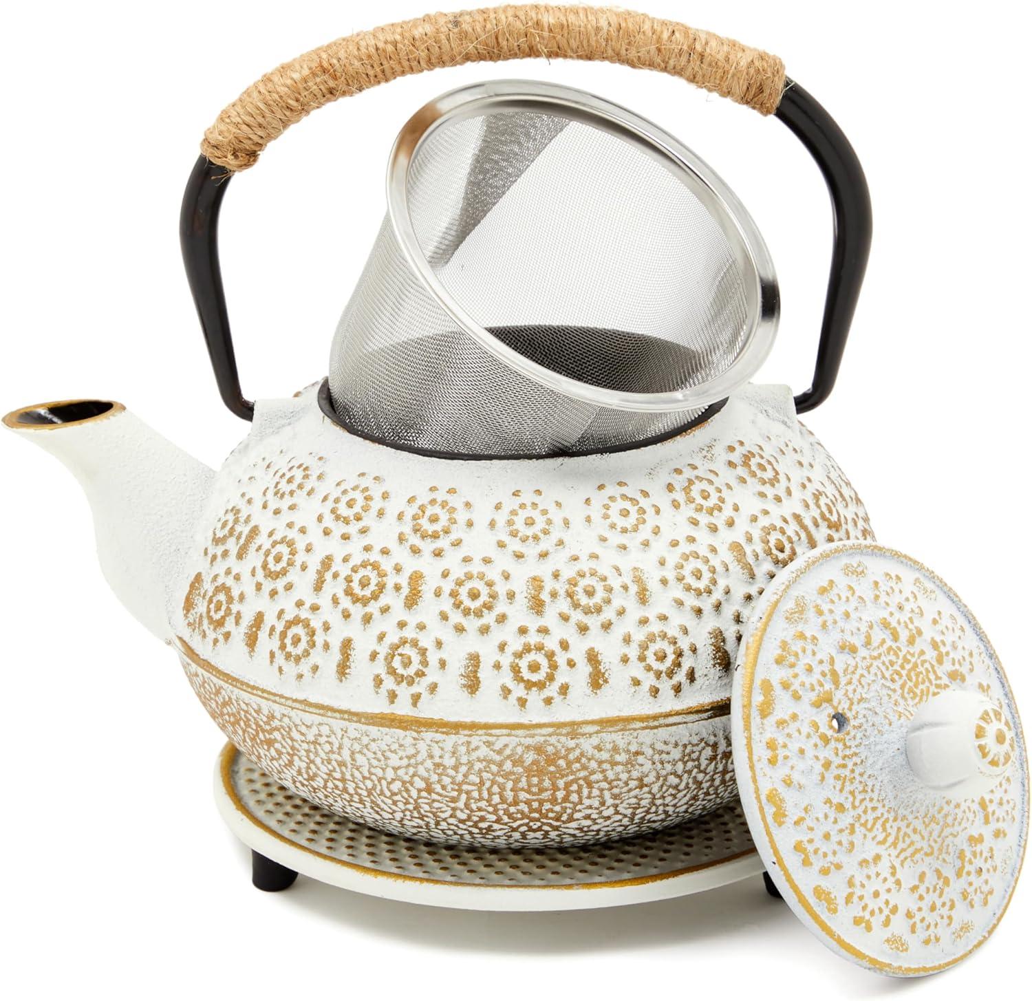 3 Piece Set White Japanese Cast Iron Teapot - Loose Leaf Tetsubin with Handle, Stainless Steel Infuser, and Trivet (27 oz, 800 ml)