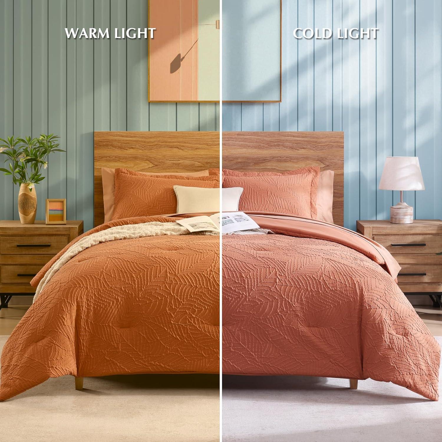 Geniospin Twin Comforter Set - 5 Pieces Burnt Orange Bedding Set, Botanical Textured Fall Comforter Set, All Season Lightweight Bed in a Bag with Comforter, Sheets, Pillowcases & Shams