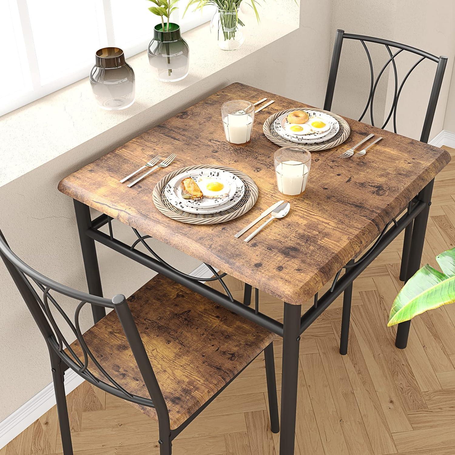 Rustic Brown Square MDF and Metal Dining Table Set with 2 Chairs