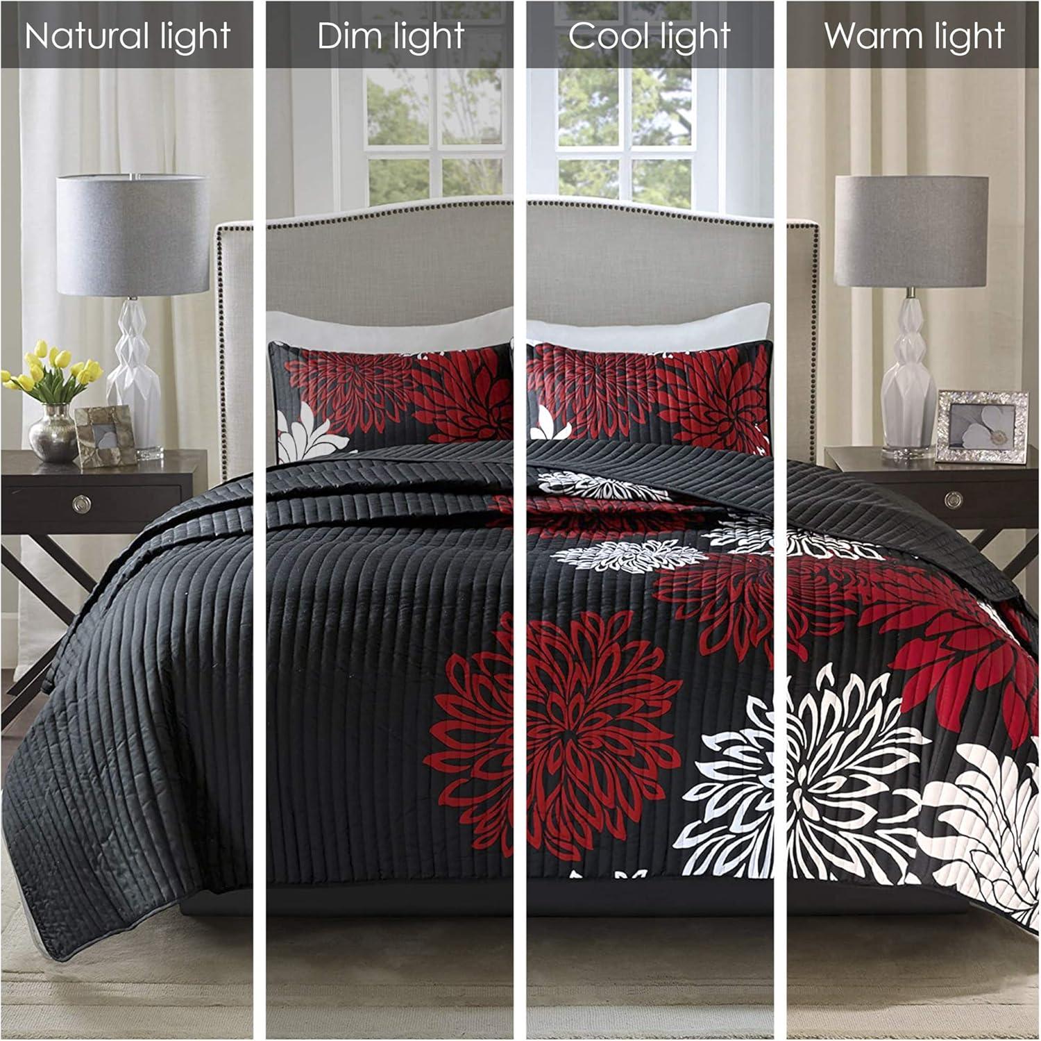 Comfort Spaces Full/Queen Size Quilt Set, 3-Piece Floral Bedspread Bedding Set, Red and Black Coverlet Set for All Season, Lightweight Comforter Set
