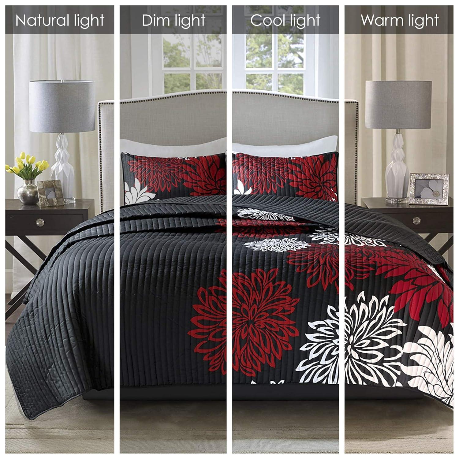 Comfort Spaces Full/Queen Size Quilt Set, 3-Piece Floral Bedspread Bedding Set, Red and Black Coverlet Set for All Season, Lightweight Comforter Set