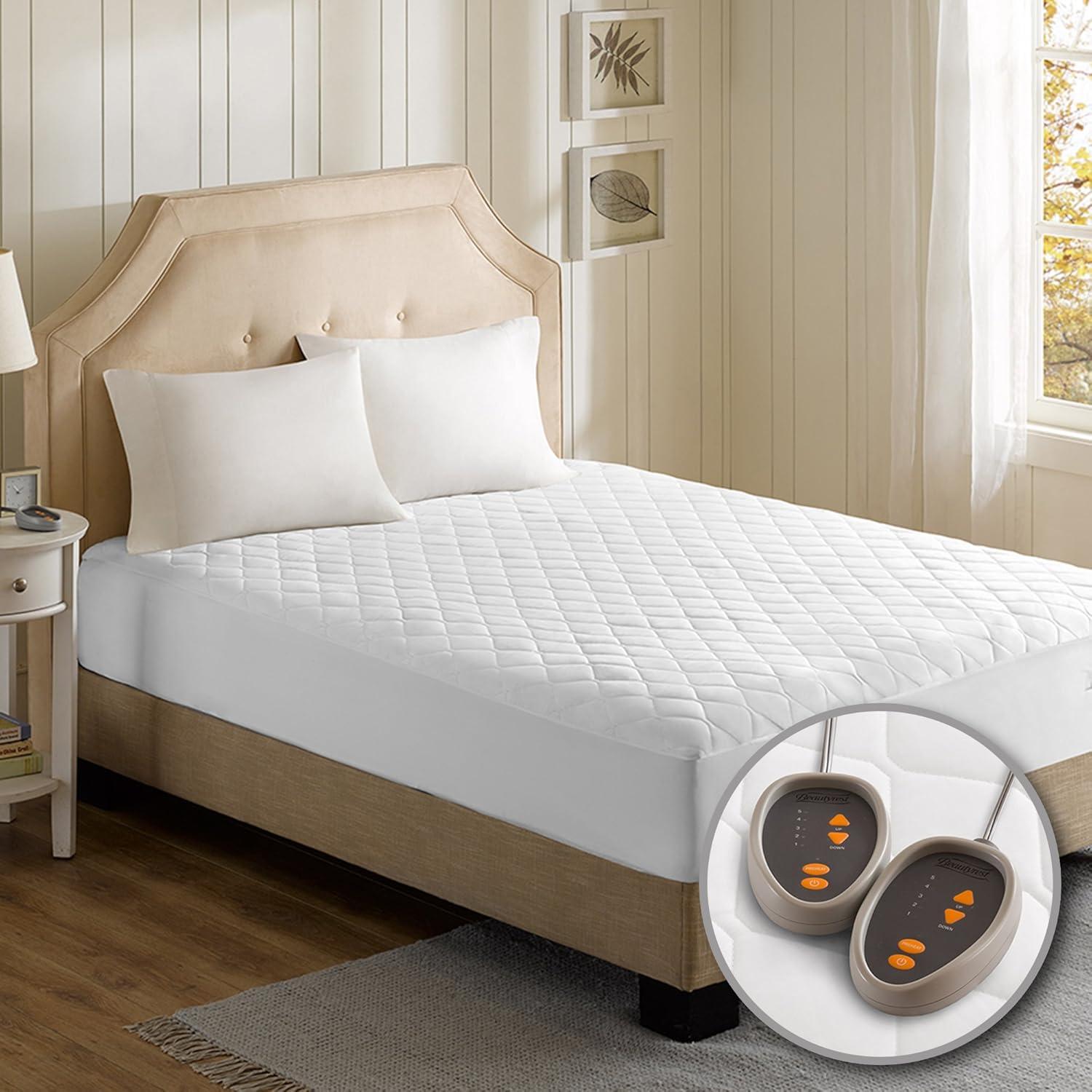 Cotton Blend Heated Mattress Pad (Queen) White - Beautyrest: 5 Heat Settings, Machine Washable, Fits 18" Mattress