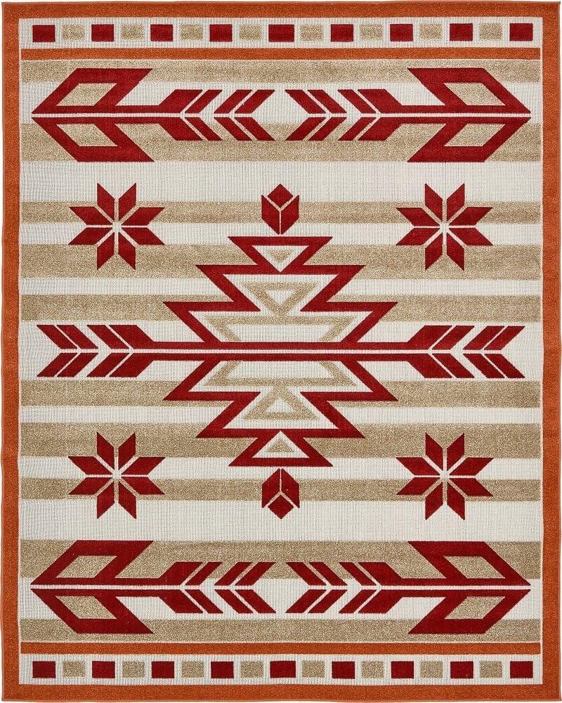 Burgundy and Beige Geometric 8' x 10' Outdoor Area Rug