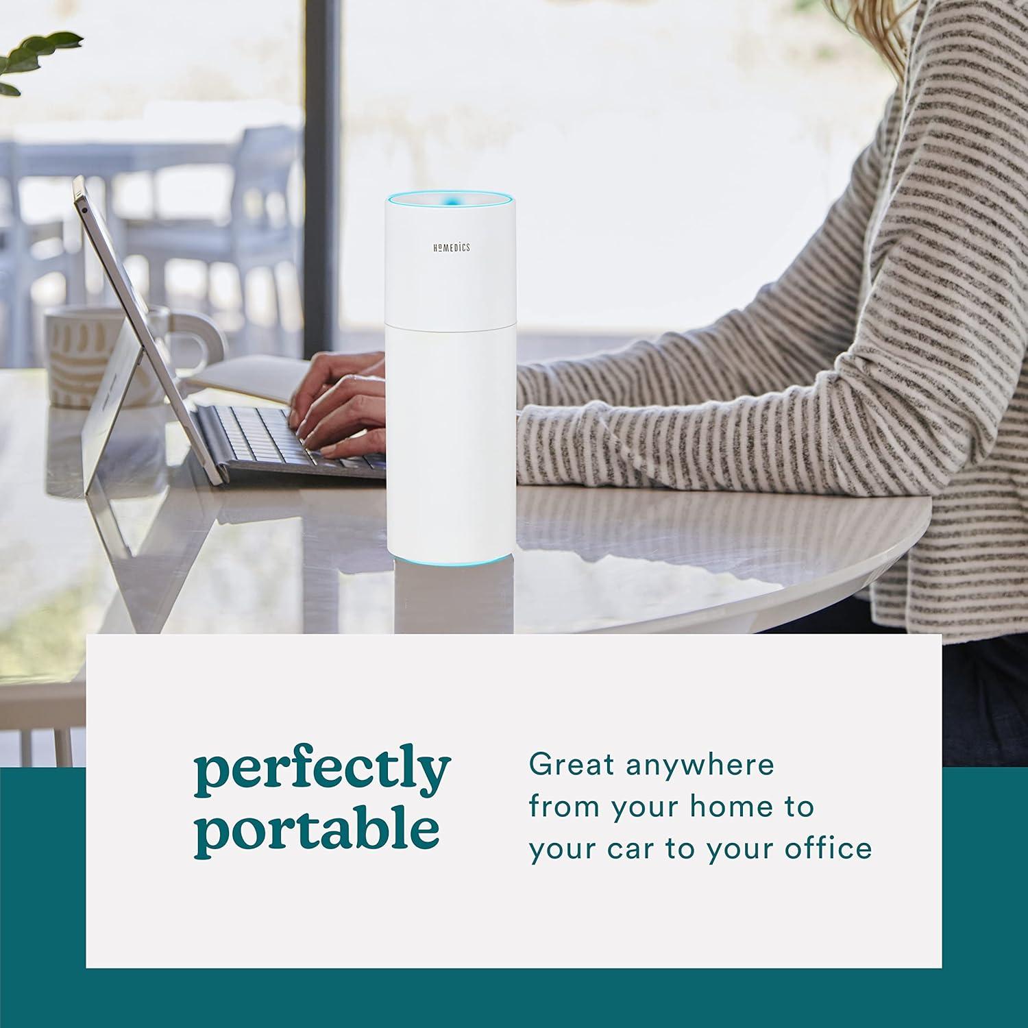 Homedics Portable Ultrasonic Humidifier, Cordless, Desktop, Travel, up to 10-Hour Runtime, Visible Quiet Cool Mist, White