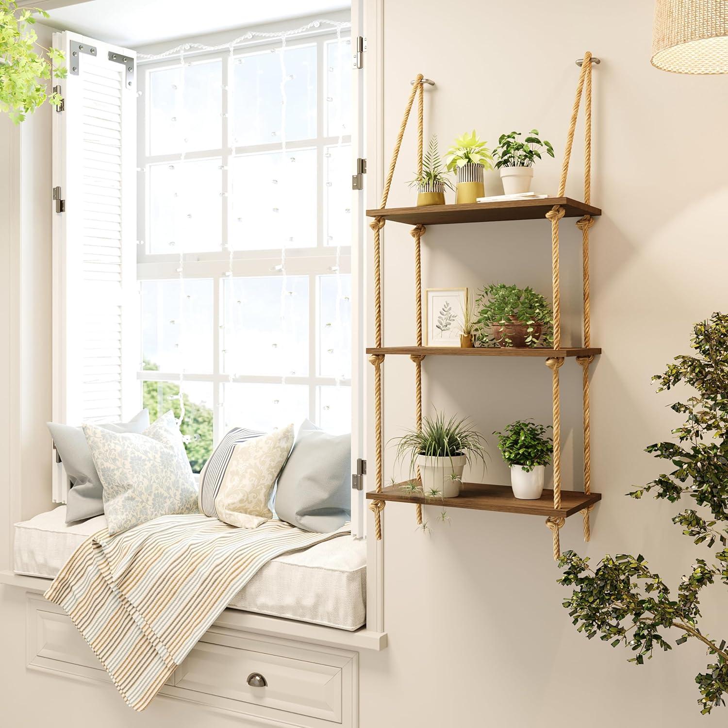 Bamboo and Rope 3-Tier Floating Wall Shelves