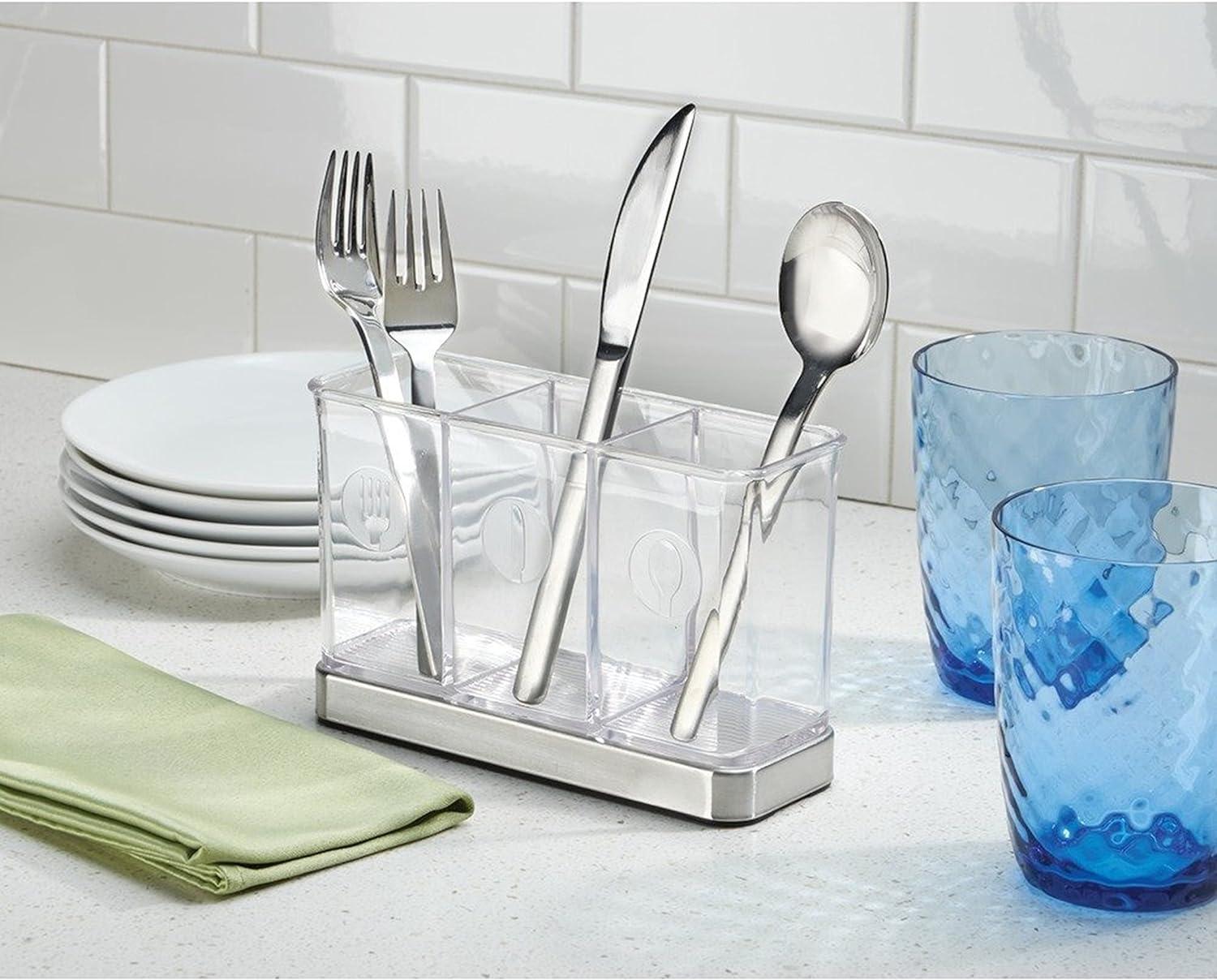 Clear Plastic and Stainless Steel Utensil Holder with 3 Compartments