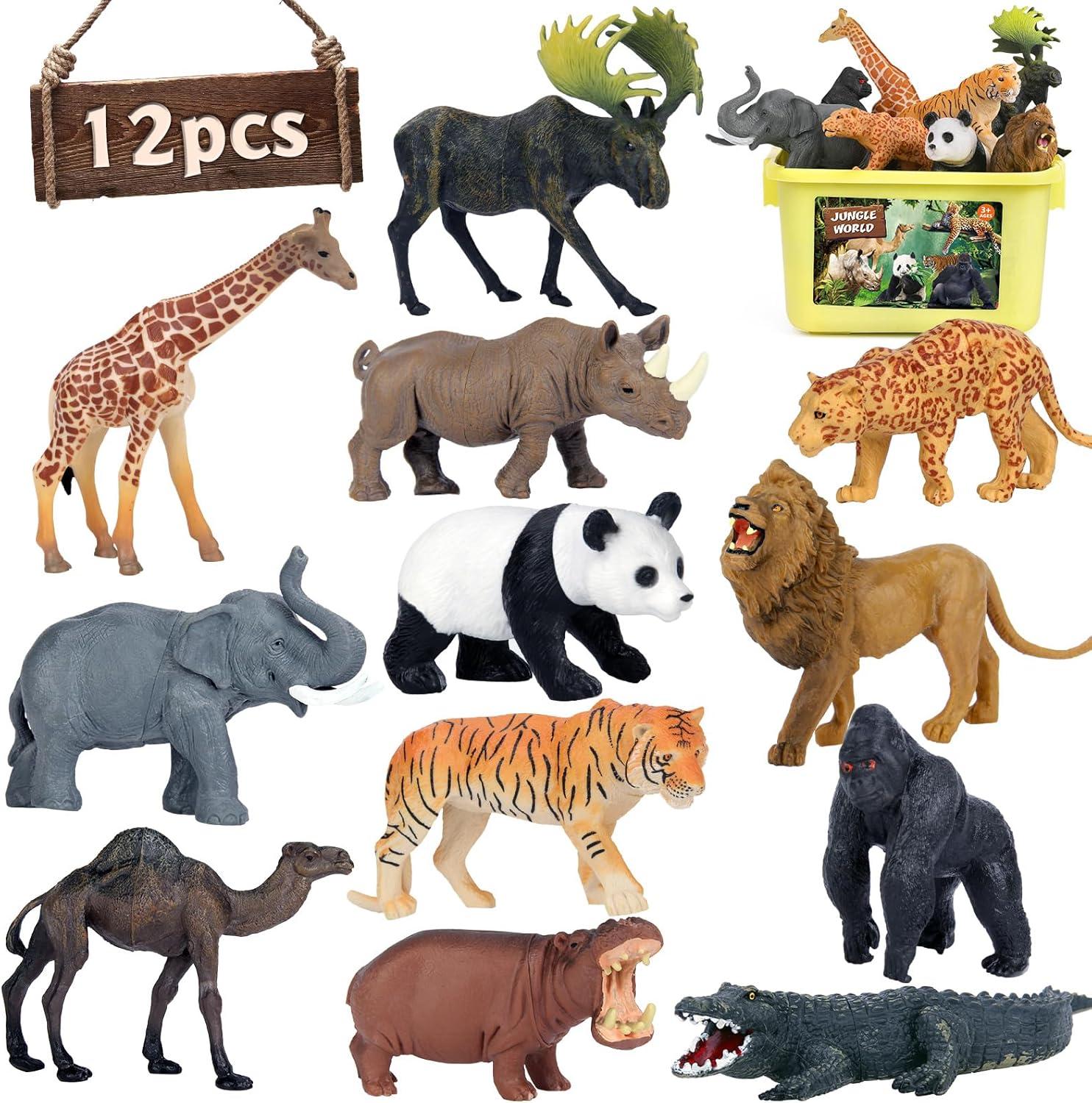 Safari Animal Toys Figures, 12 PCS Realistic Jumbo Wild Jungle Animals Figurines, Large African Zoo Animal Playset with Lion,Elephant,Giraffe, Plastic Animal Learning Toys for Kids Toddlers Boys Girls