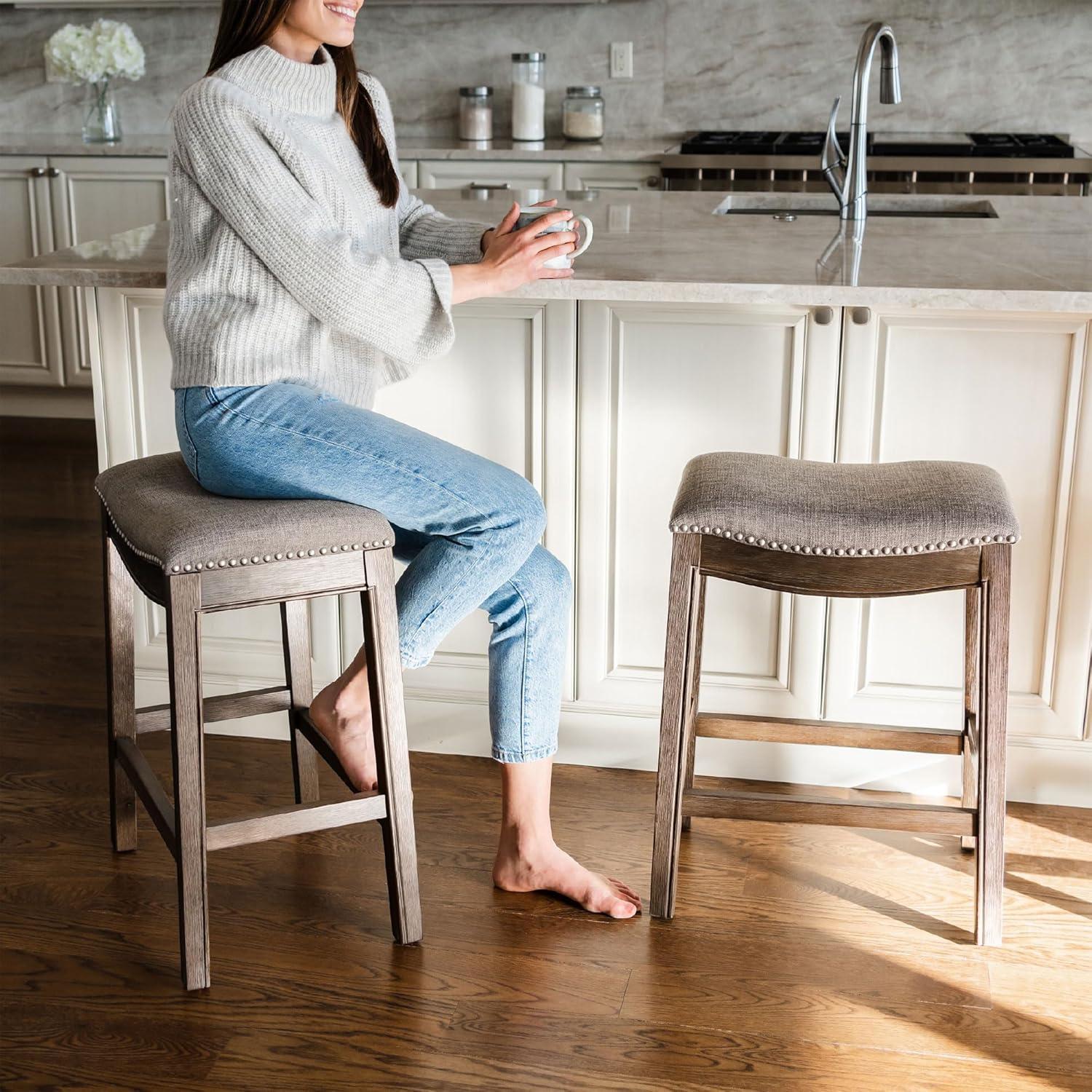 Maven Lane Adrien Upholstered Backless Saddle Kitchen Stool, Set of 2