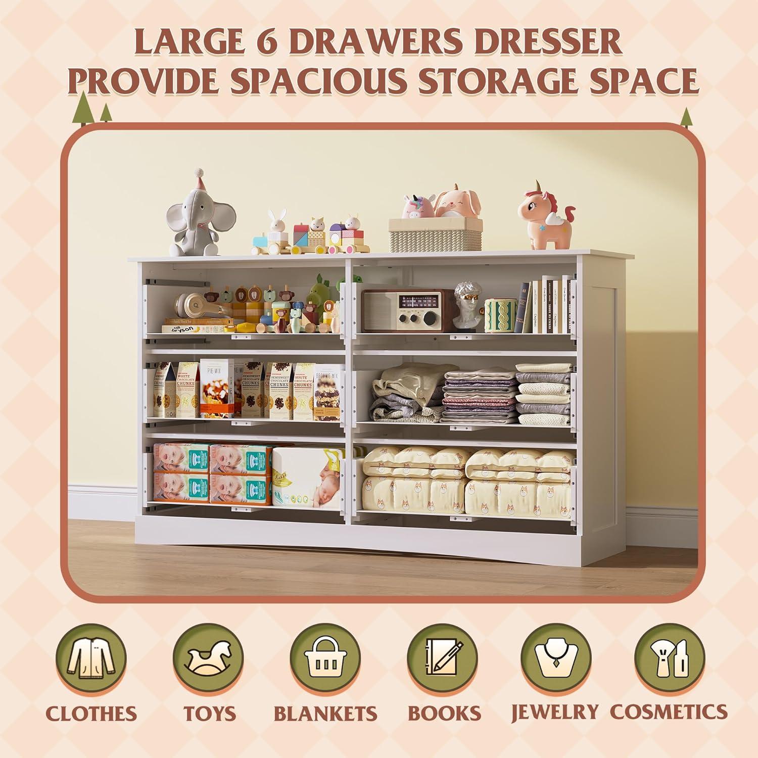 Miekor 6 Drawer Double Dresser for Bedroom, Wide Storage Cabinet for Living Room Home Entryway, White G6054