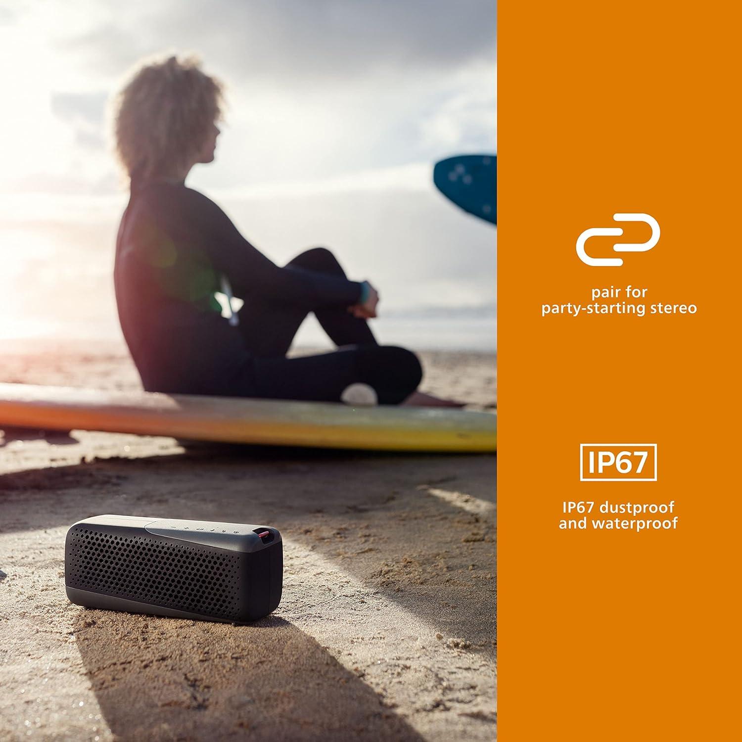 Philips S4807 Rugged Wireless Bluetooth Speaker with Bluetooth Multipoint Connection, IP67 Waterproof, Small Size, Black