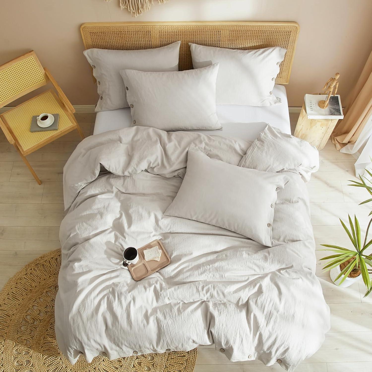 Ivellow Linen Cotton Blend Duvet Cover Set Queen - Jaquard Floral Textured Ultra Soft Breathable Grey Botanical Garden Flower Leaves Branch Bedding Set 3 Pcs