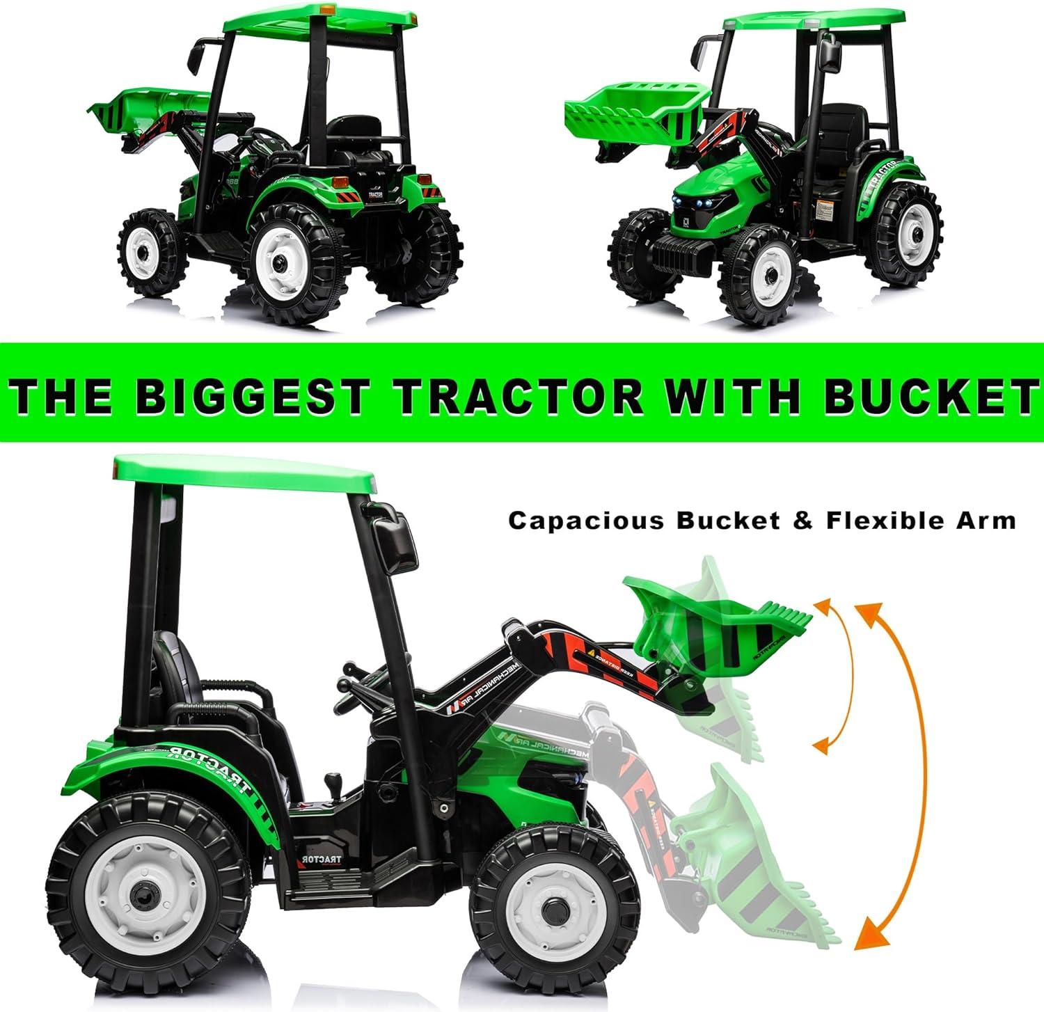 24V Kids Ride On Tractor w/Front Loader, Power Wheels 24V Ride on Toys for Boys Girls, Kids Ride on Excavator w/Dual Motor, Battery Powered Electric Riding Toys (Green Tractor with Front Loader)