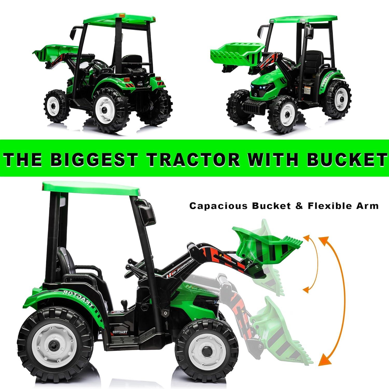 24V Kids Ride On Tractor w/Front Loader, Power Wheels 24V Ride on Toys for Boys Girls, Kids Ride on Excavator w/Dual Motor, Battery Powered Electric Riding Toys (Green Tractor with Front Loader)