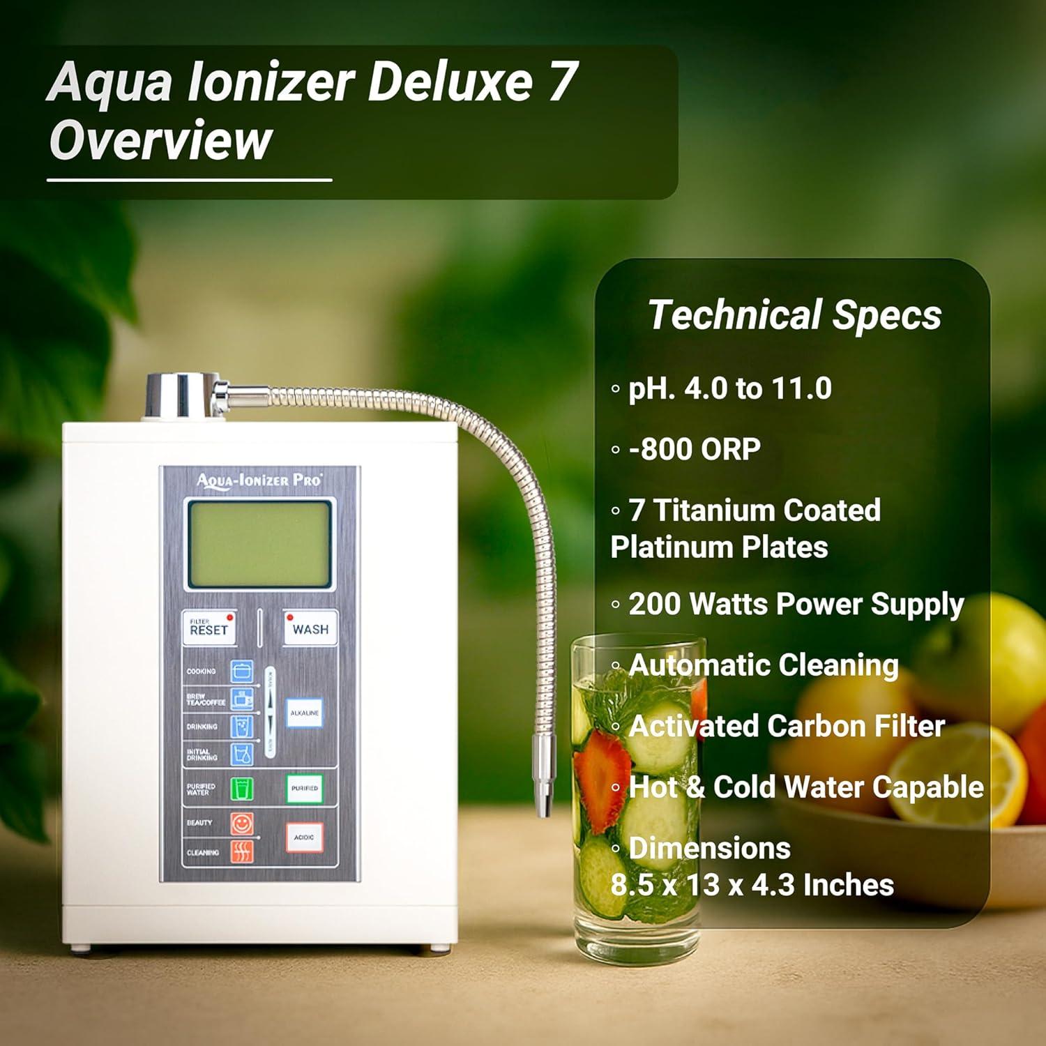 Aqua Ionizer Deluxe 7.0 | Water Ionizer | Alkaline Water Filtration System | Produces pH 4.5-11.0 Alkaline Water | Up to -800mV ORP | 4000 Liters Per Filter | 7 Water Settings