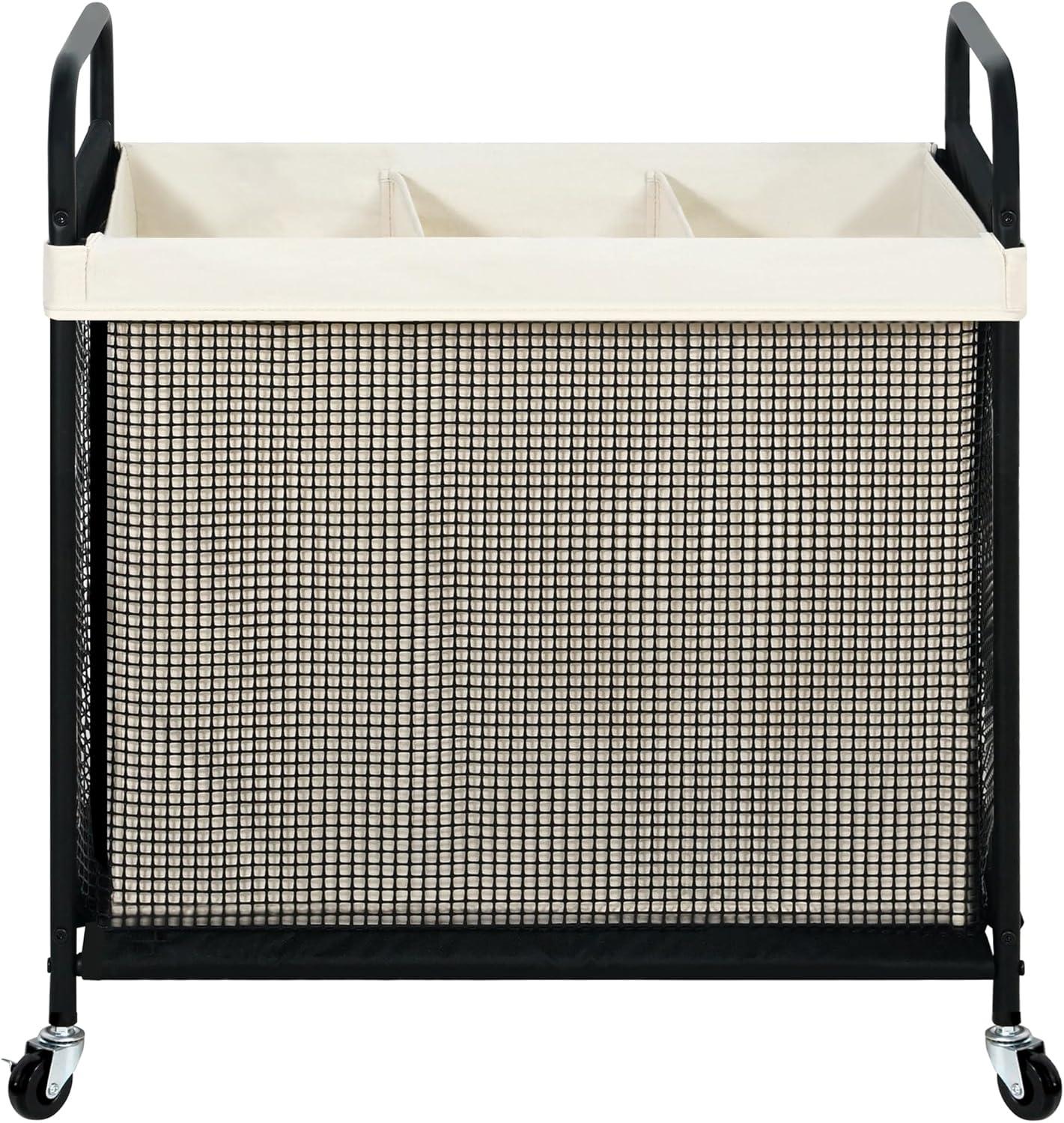 Modern Black and Beige 3-Section Rolling Laundry Sorter with Removable Liner