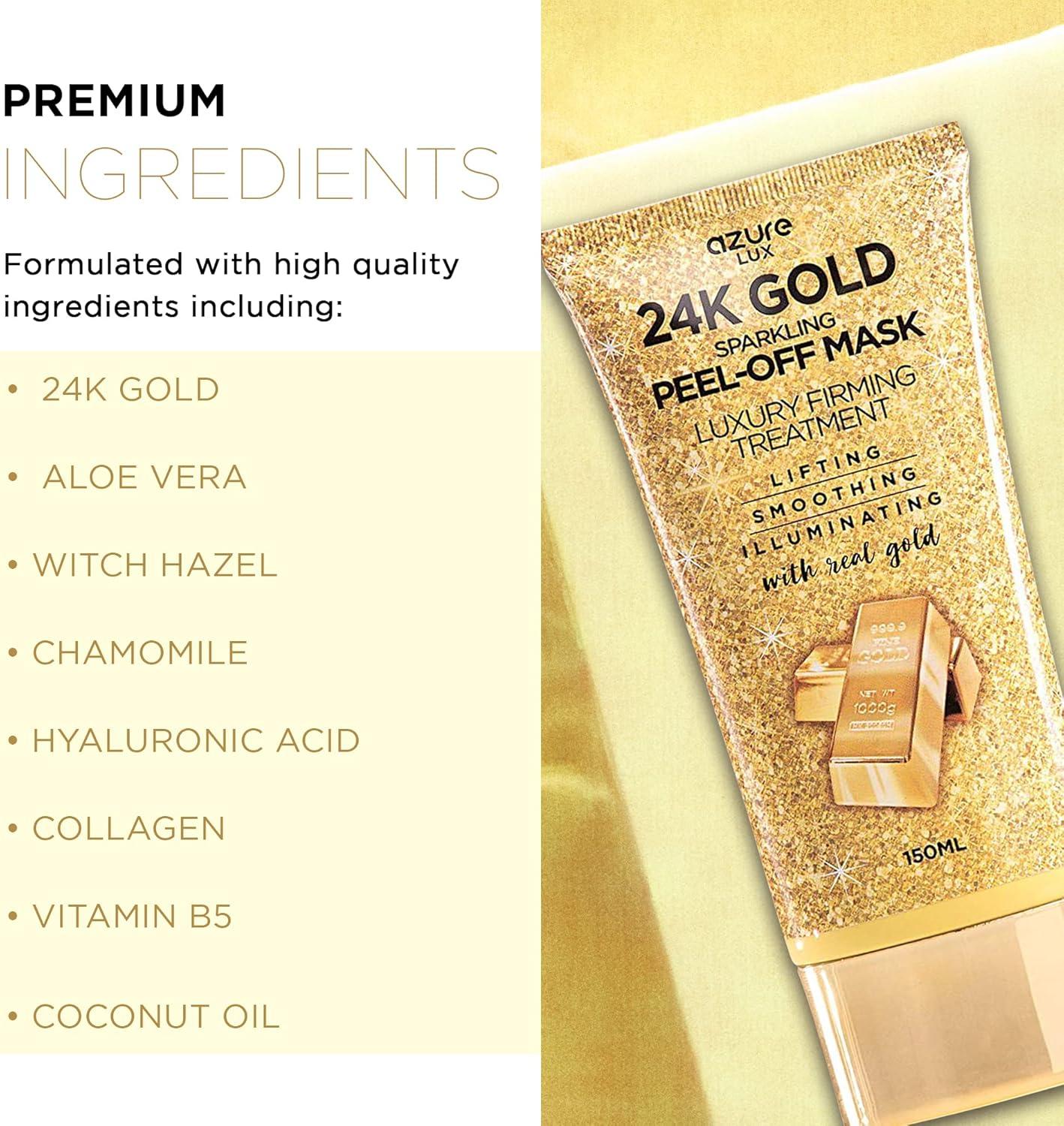 AZURE 24K Gold Firming Peel Off Face Mask- Anti Aging, Lifting, Illuminating & Revitalizing - Removes Blackheads, Dirt & Oils - With Hyaluronic Acid and Collagen - Skin Care Made in Korea - 150mL / 5.