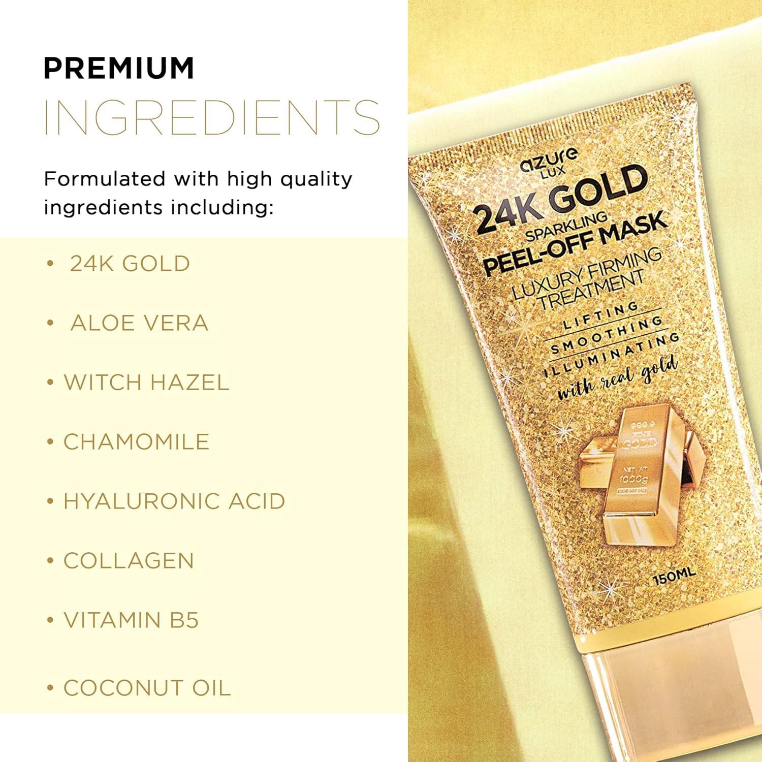 AZURE 24K Gold Firming Peel Off Face Mask- Anti Aging, Lifting, Illuminating & Revitalizing - Removes Blackheads, Dirt & Oils - With Hyaluronic Acid and Collagen - Skin Care Made in Korea - 150mL / 5.