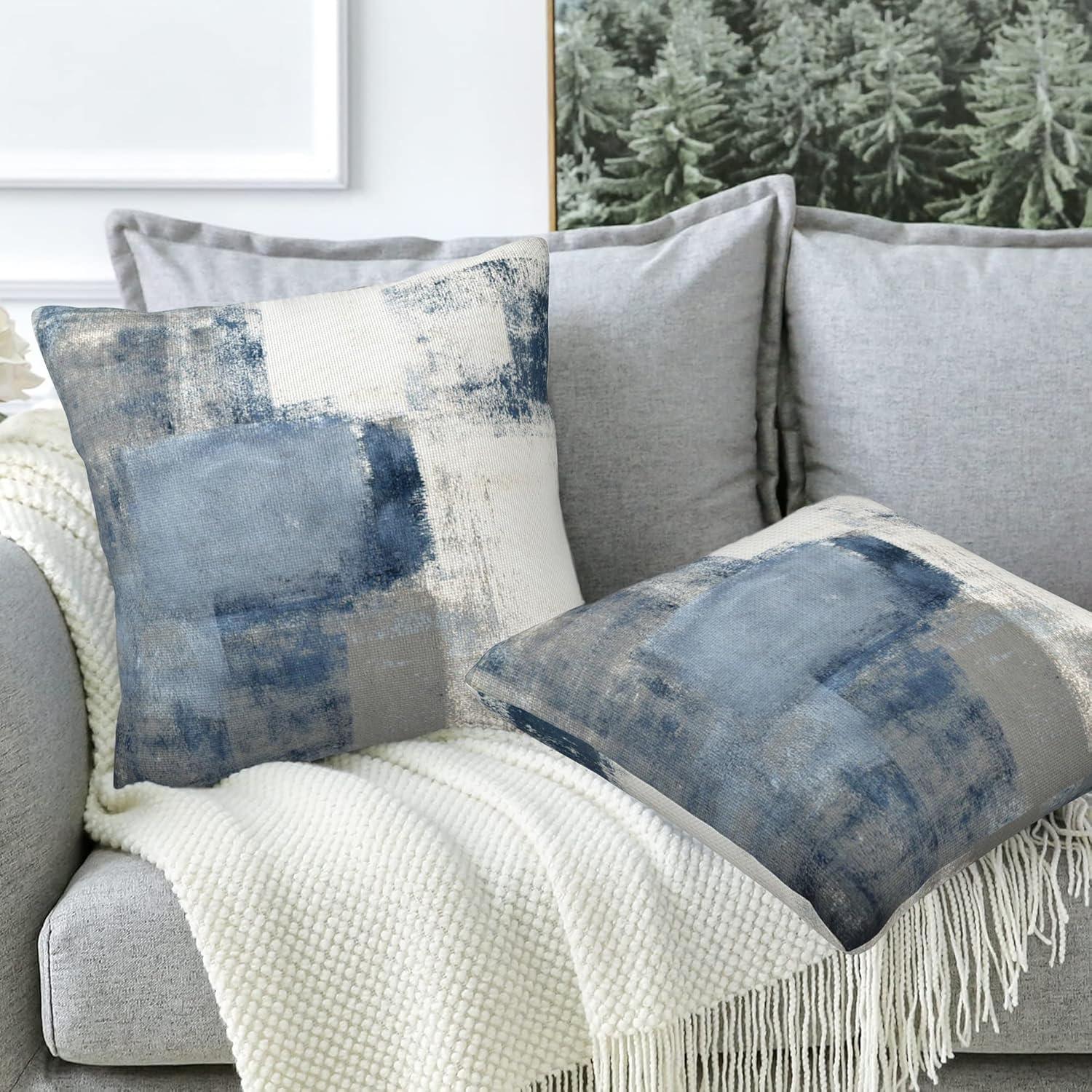 Blue and Grey Abstract Art Polyester Square Throw Pillows Set