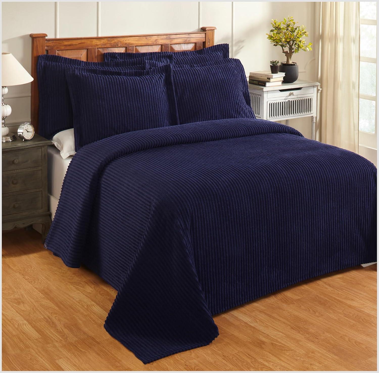 Jullian Navy Stripe Queen Chenille Tufted Bedspread