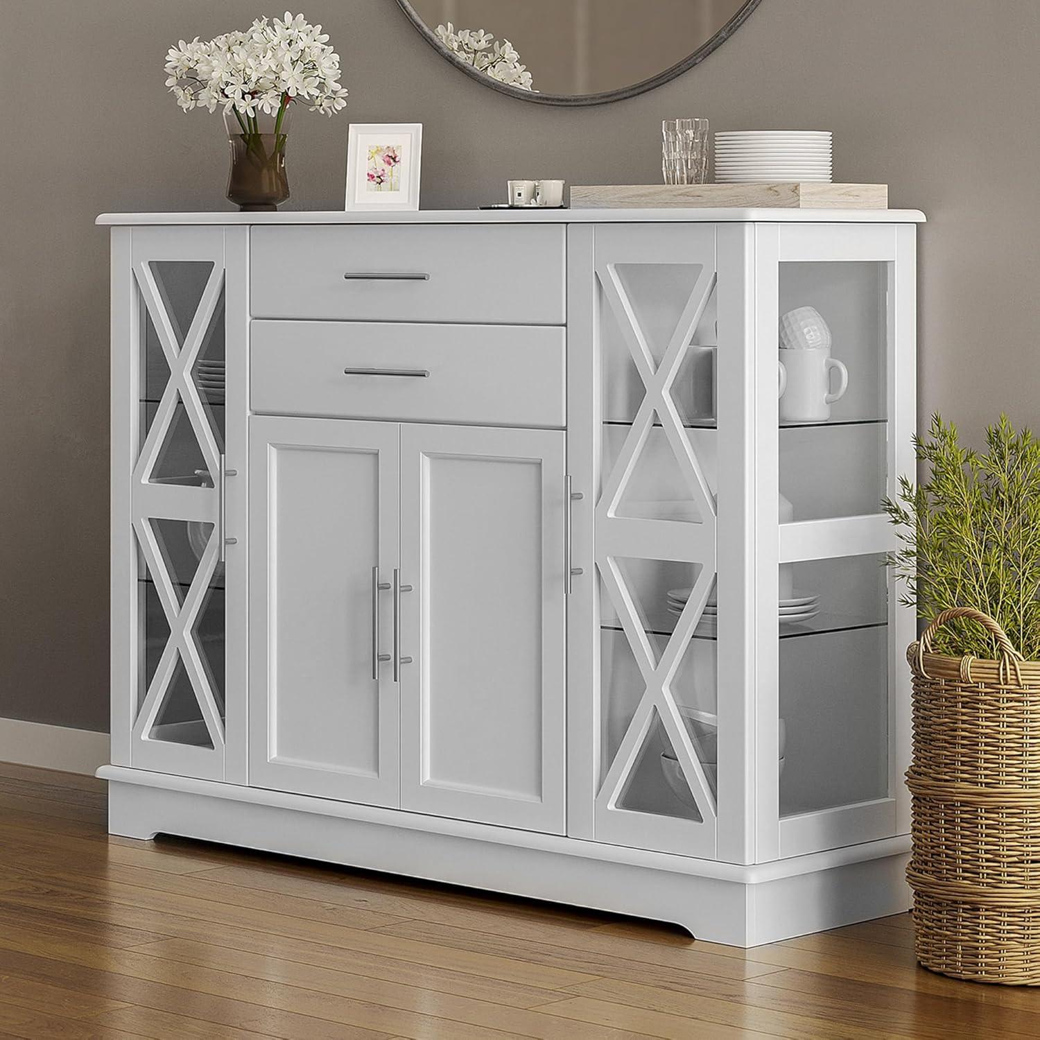 BELLEZE Ryland 47" Wood Storage Sideboard Buffet Cabinet Console Table, White