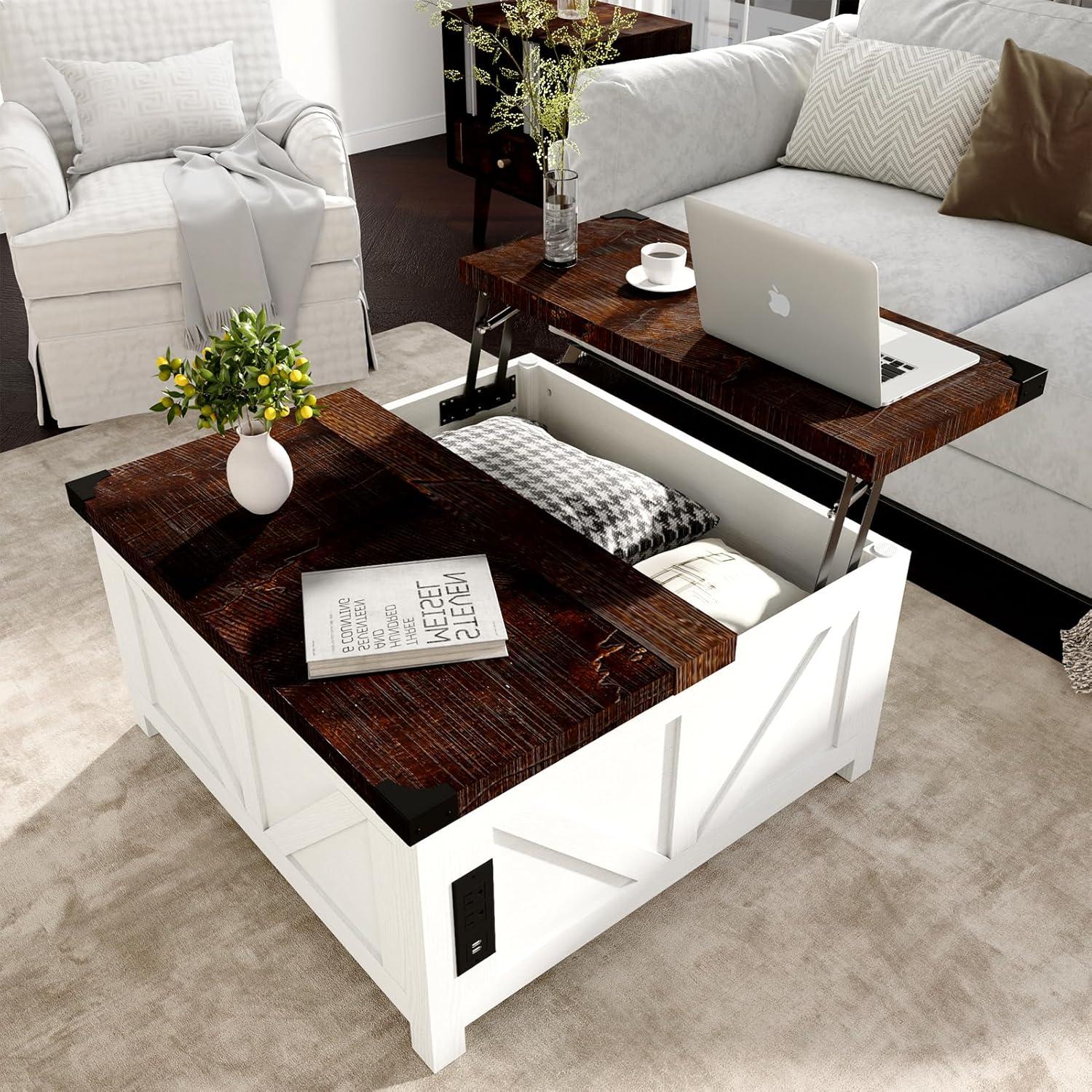 White and Brown Square Lift-Top Coffee Table with Storage