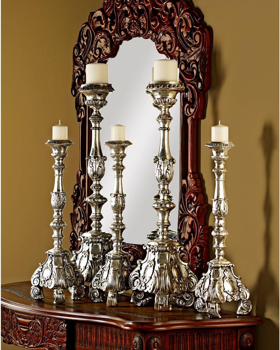 Elegant Baroque Scroll-Footed Silver Leaf Resin Candlesticks, Set of 2