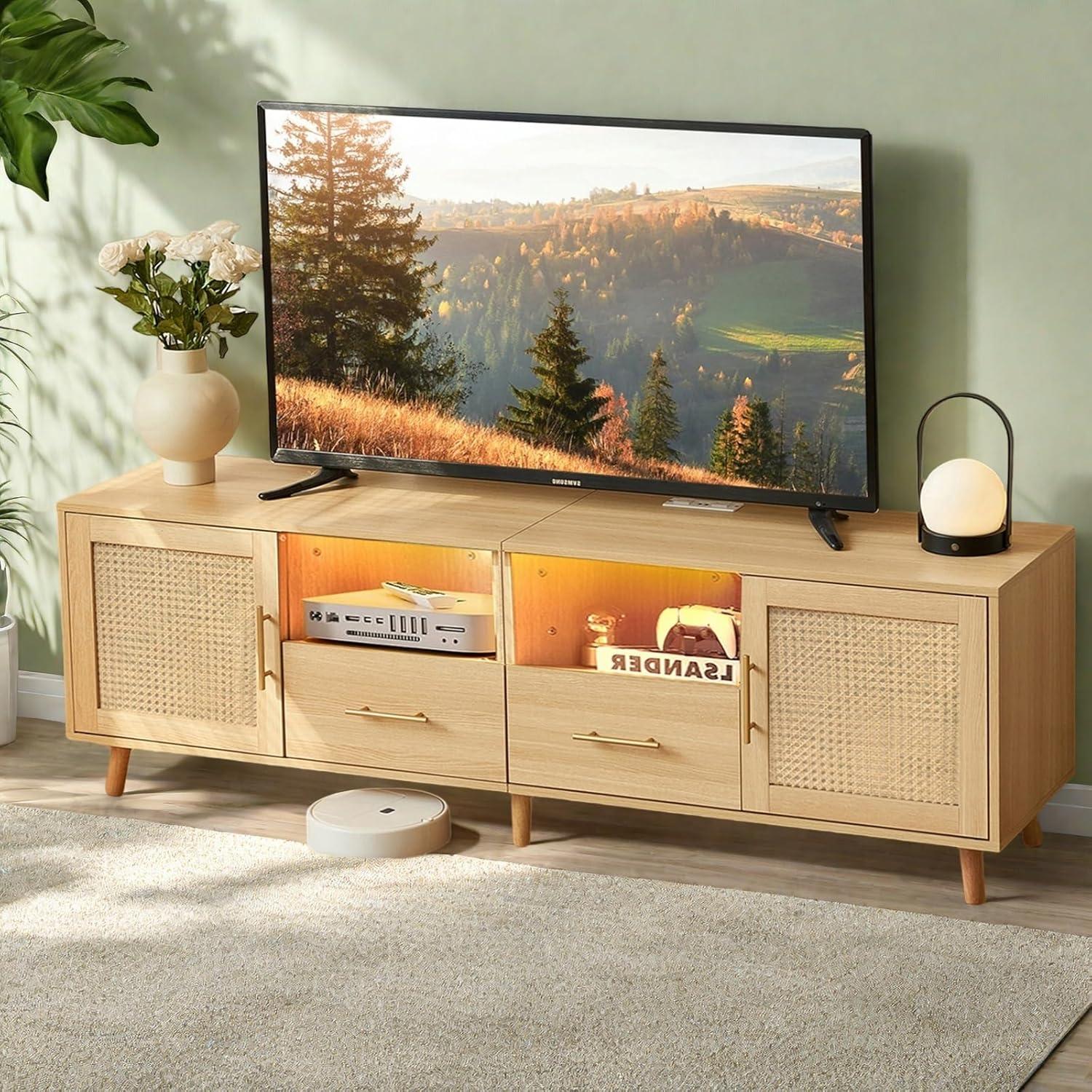 Bay Isle Home™ Heyer Large Wood Rattan TV Stand for TVs up to 75" with LED Light and Charging Station, Coastal Media Console Table, Multimedia Storage Furniture with 2 Drawers, Lighting TV Cabinet  & Reviews | Wayfair