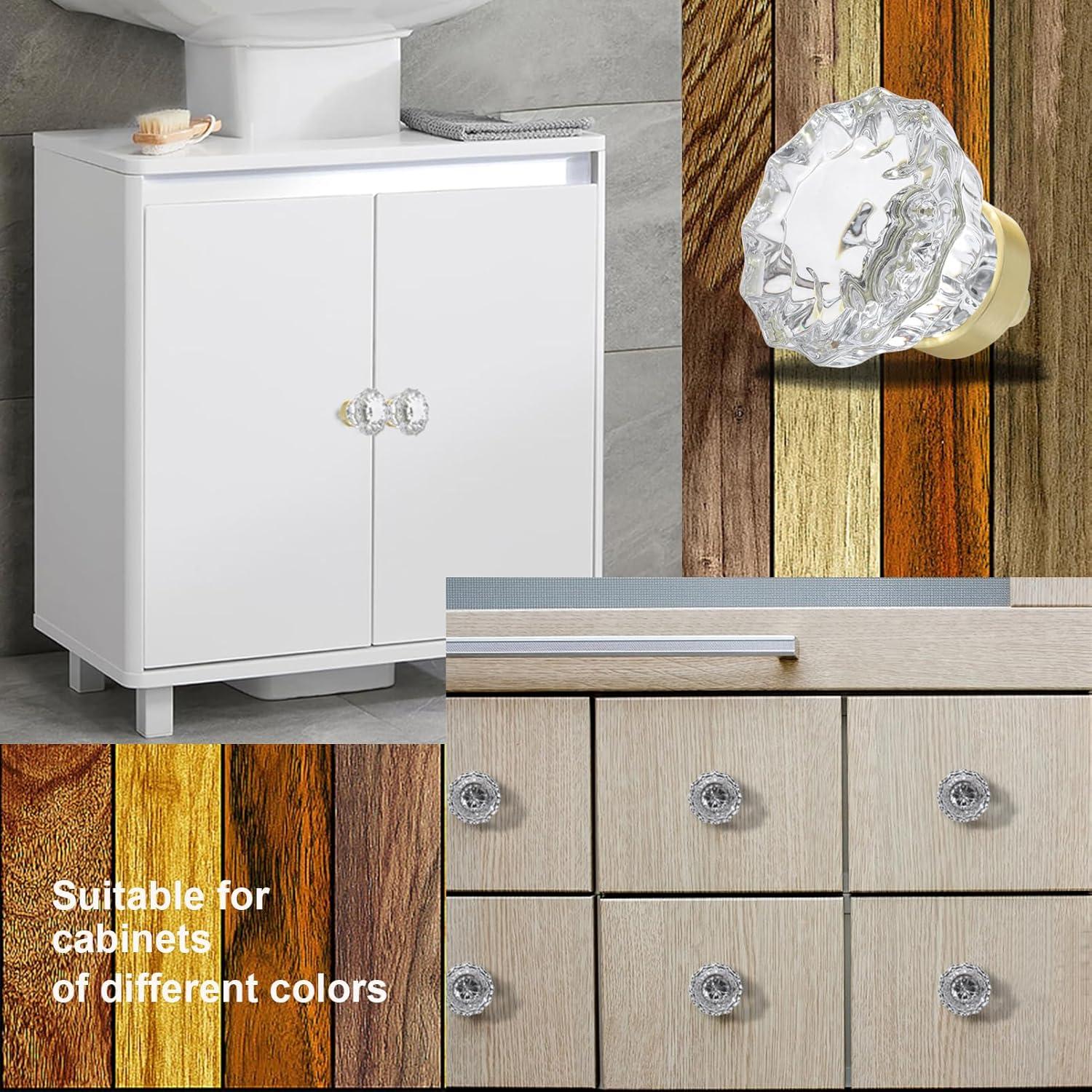 Crystal Knobs for Drawers 8 Pack Brushed Gold Glass Knob, Vintage Cabinet Antique Pulls for Drawer Closet Dresser Cupboard, 1.5 Inch Satin Brass Base Decorative Flower Cabinets Knobs Set Hardware