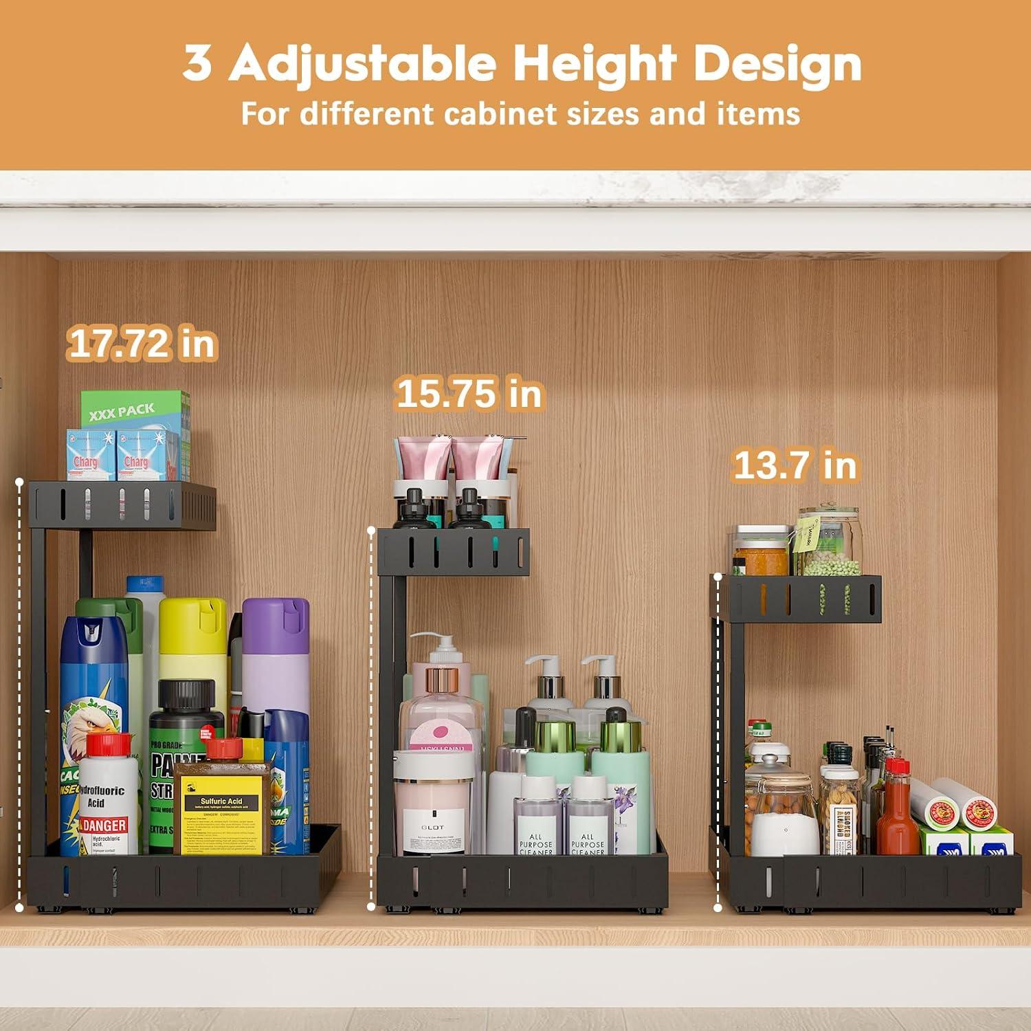 Rebrilliant Under Sink Organizer, 2 Tier Expandable Under Cabinet Organizer, Heights Adjustable Pull Out Storage For Kitchen Bathroom Laundry, Black, 1 Pack