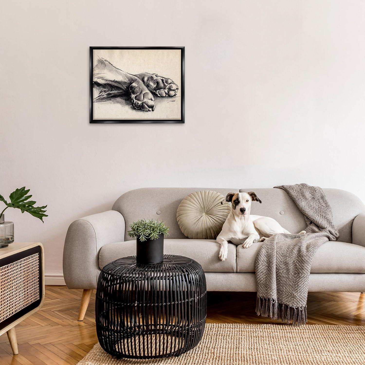 Stupell Industries Dog Paw Charcoal Design Minimal Tan Black Black Floater Framed Canvas Wall Art, 24 x 30