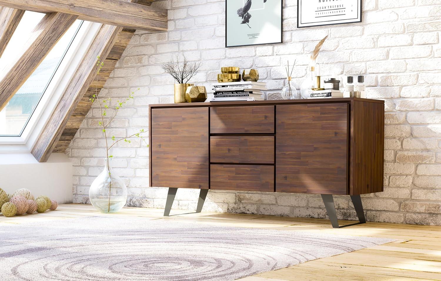 Simpli Home Lowry 60"W Solid Wood Modern Industrial 2-Door Sideboard Buffet with 3 Center Drawers