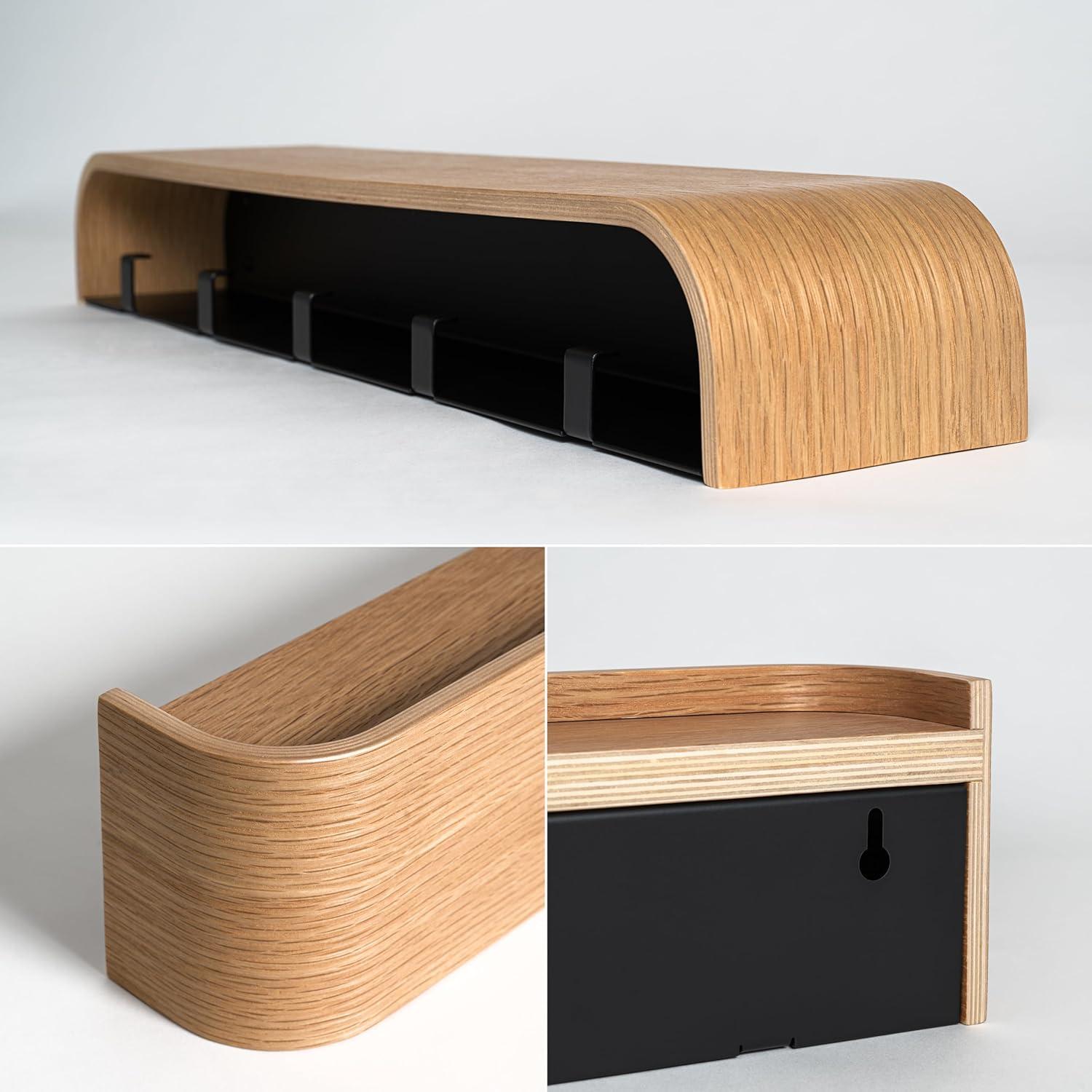 Kazai. Wall-Mounted Coat Rack 'Toke' - Modern Design Coat Rack with Hidden Wall Hooks - Solid Wood Veneer Panel Coat Hanger - Oak