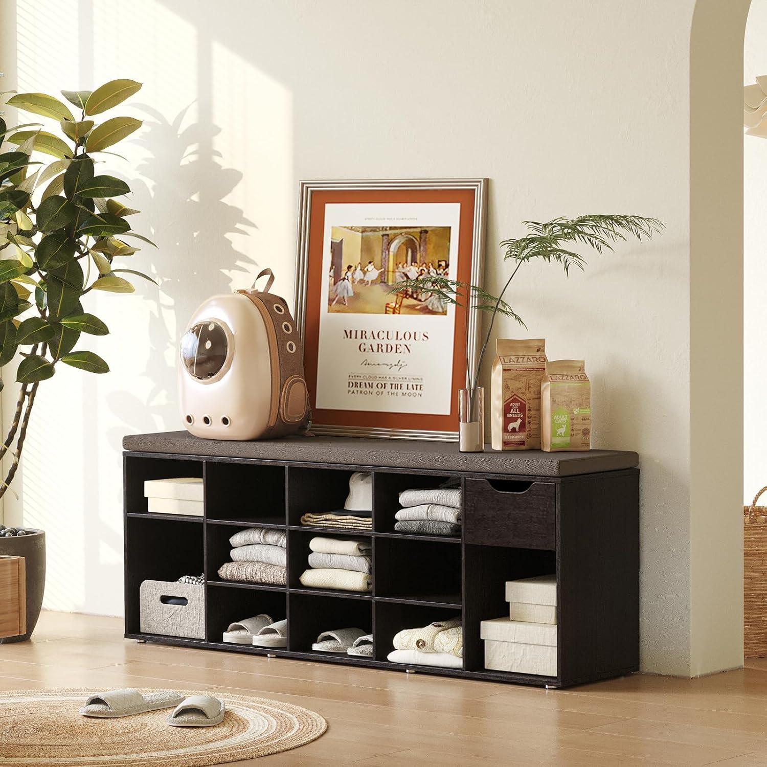 Shoe Rack Bench with Cushion 15-Cube Storage Bench Storage Cabinet for Entryway Espresso