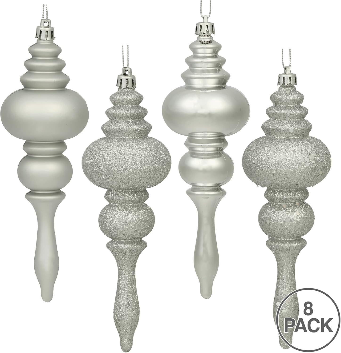 7" Silver Glitter Shatterproof Plastic Finial Tree Ornaments, Set of 8