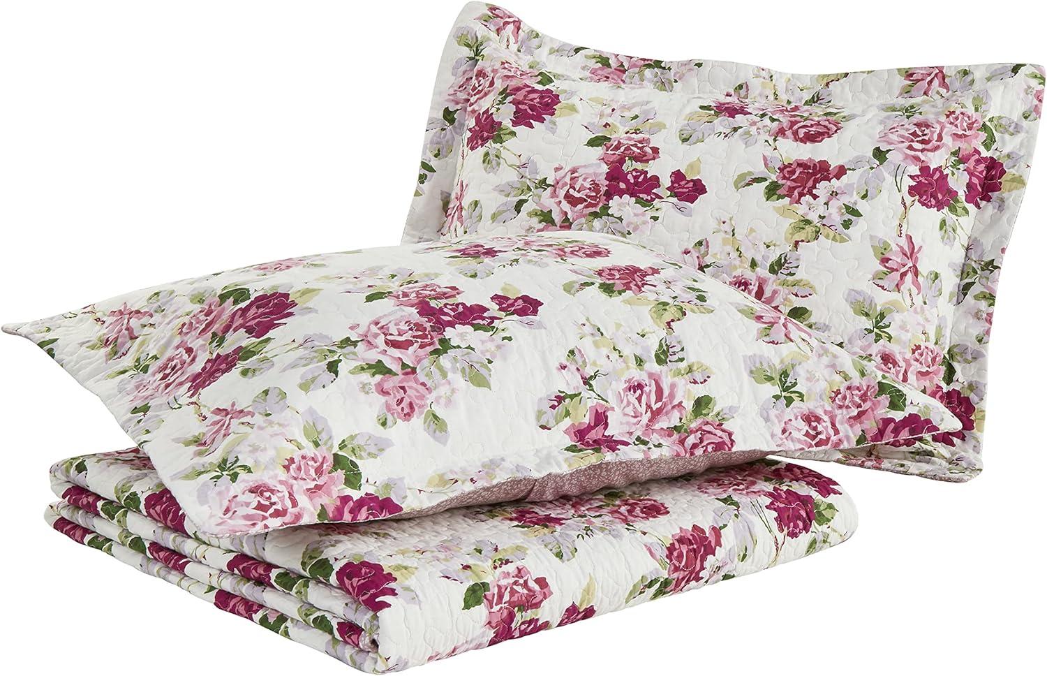 Laura Ashley King Lidia Quilt and Sham Set Pink: Floral Bedding, Pre-Washed, Machine Washable