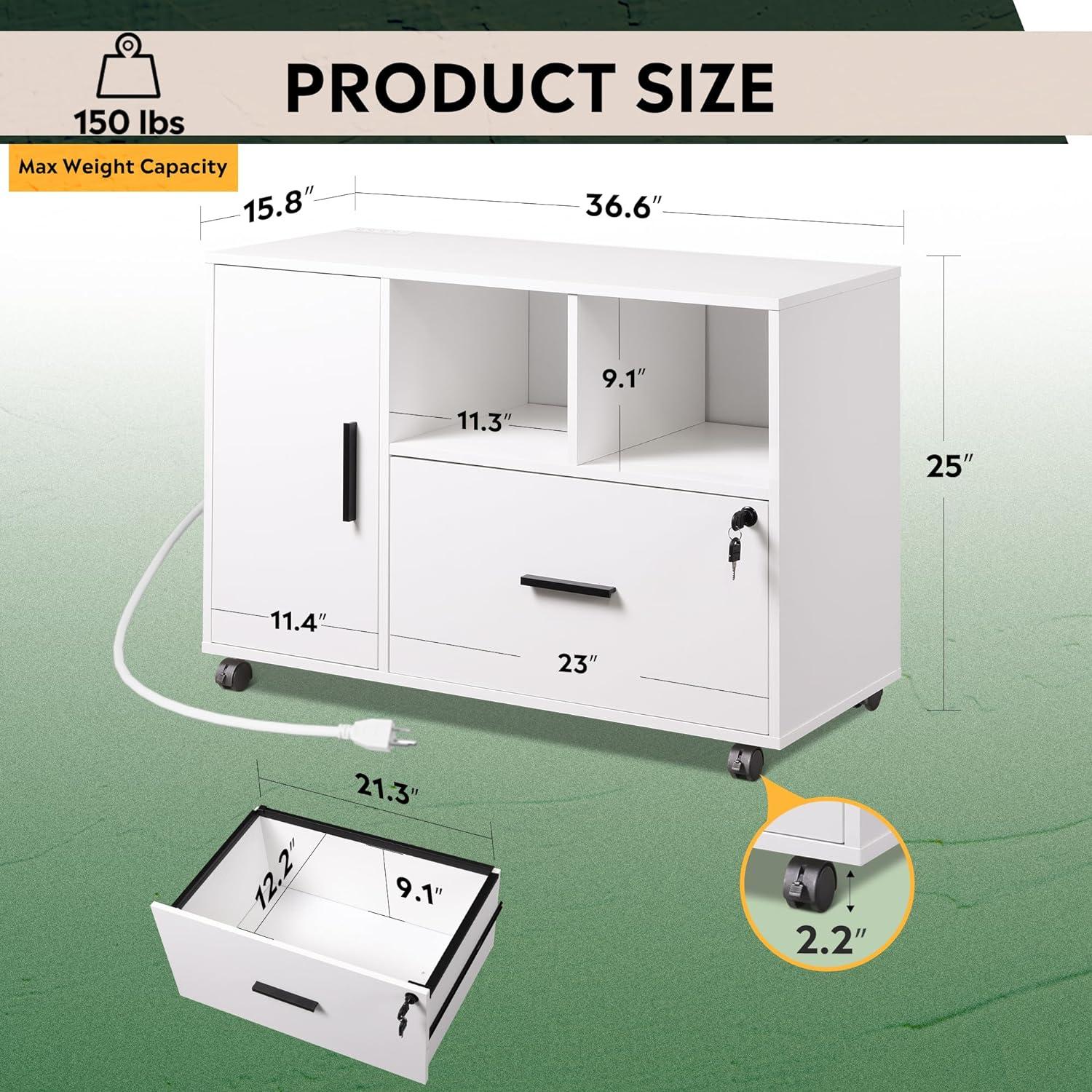 DEVAISE Office File Cabinet with Lock, 1-Drawer Wood Lateral Filing Cabinet on Wheels, Printer Stand with Open Storage Shelves for Home Office, White