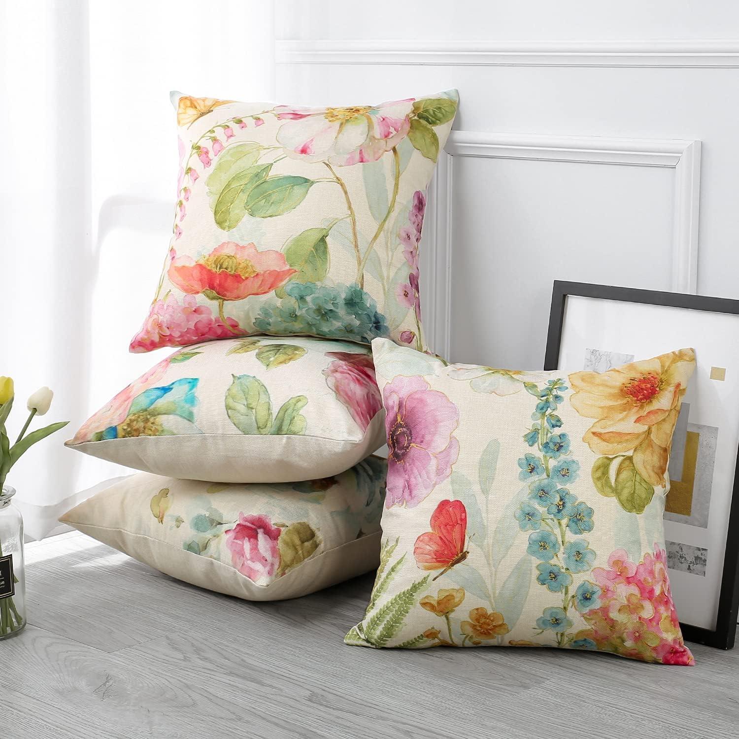 Artscope Set of 4 Waterproof Throw Pillow Covers 18x18 Inches, Pink Roses and Butterfly Pattern Decorative Cushion Covers, Perfect to Outdoor Patio Garden Living Room Sofa Farmhouse Decor