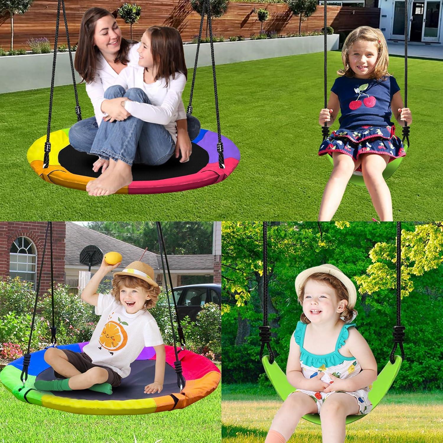 Metal Swing Sets for Backyard - 440 lbs Heavy Duty Swing Stand A-Frame Kids Outdoor Swing Adjustable Ropes Saucer Swing with Frame 2 Seats Playground Sets