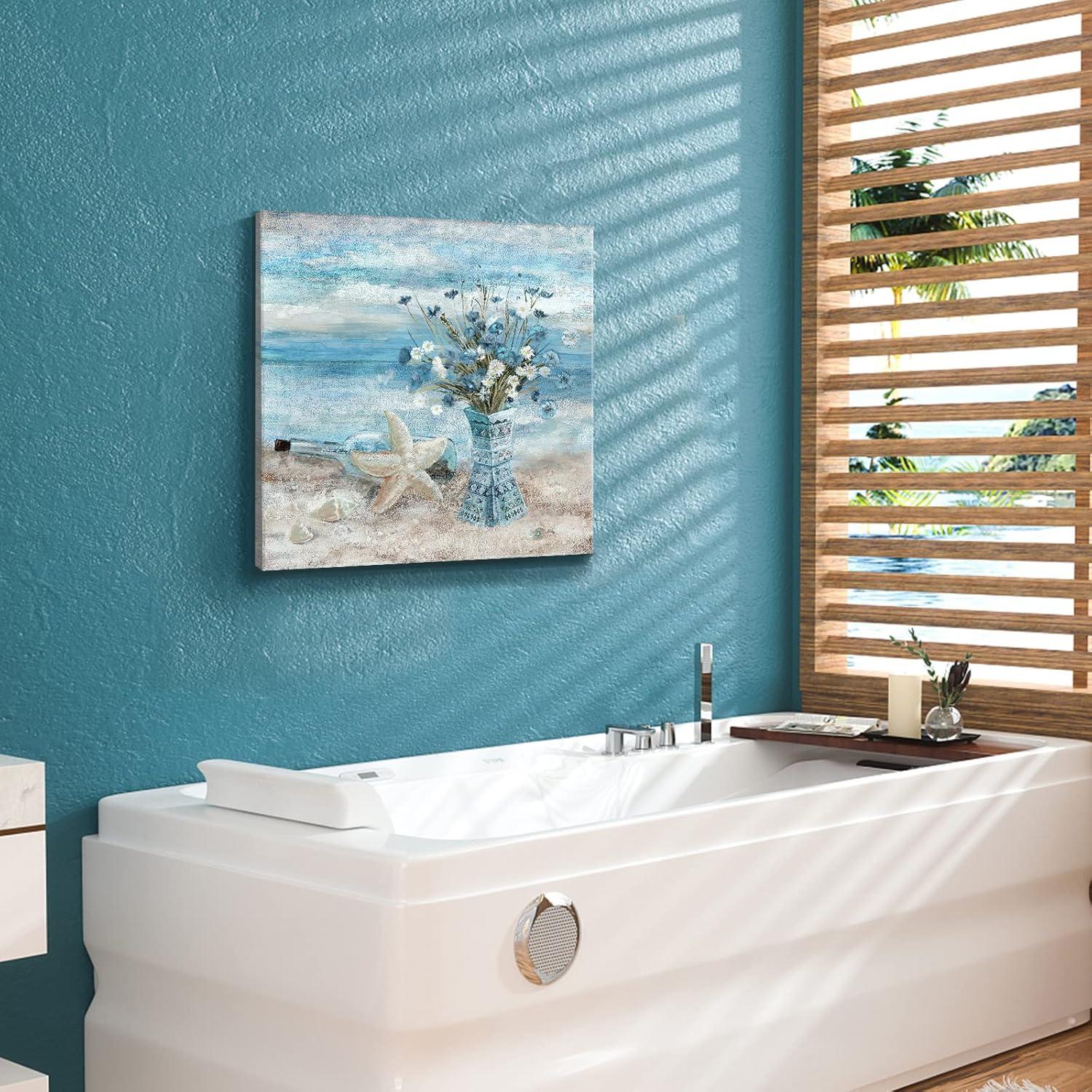 Beach Wall Art for Living Room Blue Ocean Theme Canvas Print Modern Abstract Coastal Picture Seascape Painting Daisy Flower in Indian Vase Framed Artwork for Seaside Bedroom Bathroom Office 24x24inch