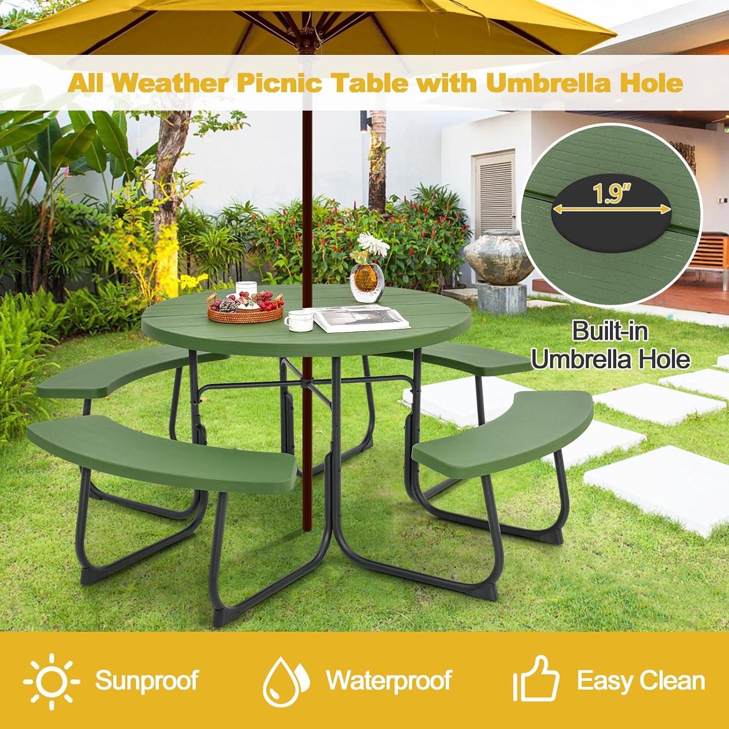 Costway Outdoor 8-person Round Picnic Table Bench Set with 4 Benches & Umbrella Hole Green