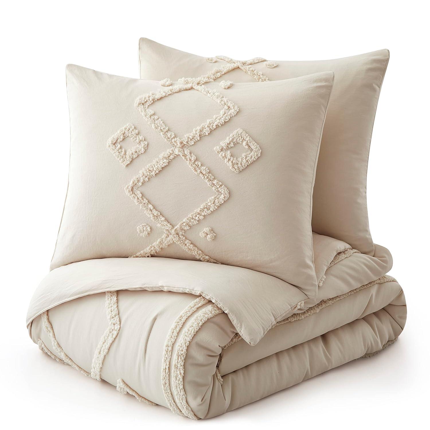 Oli Anderson Cream King Comforter Set Tufted Bedding Set King 3 Pieces, Boho Shabby Chic Comforter with 2 Pillowcases (Cream,King)