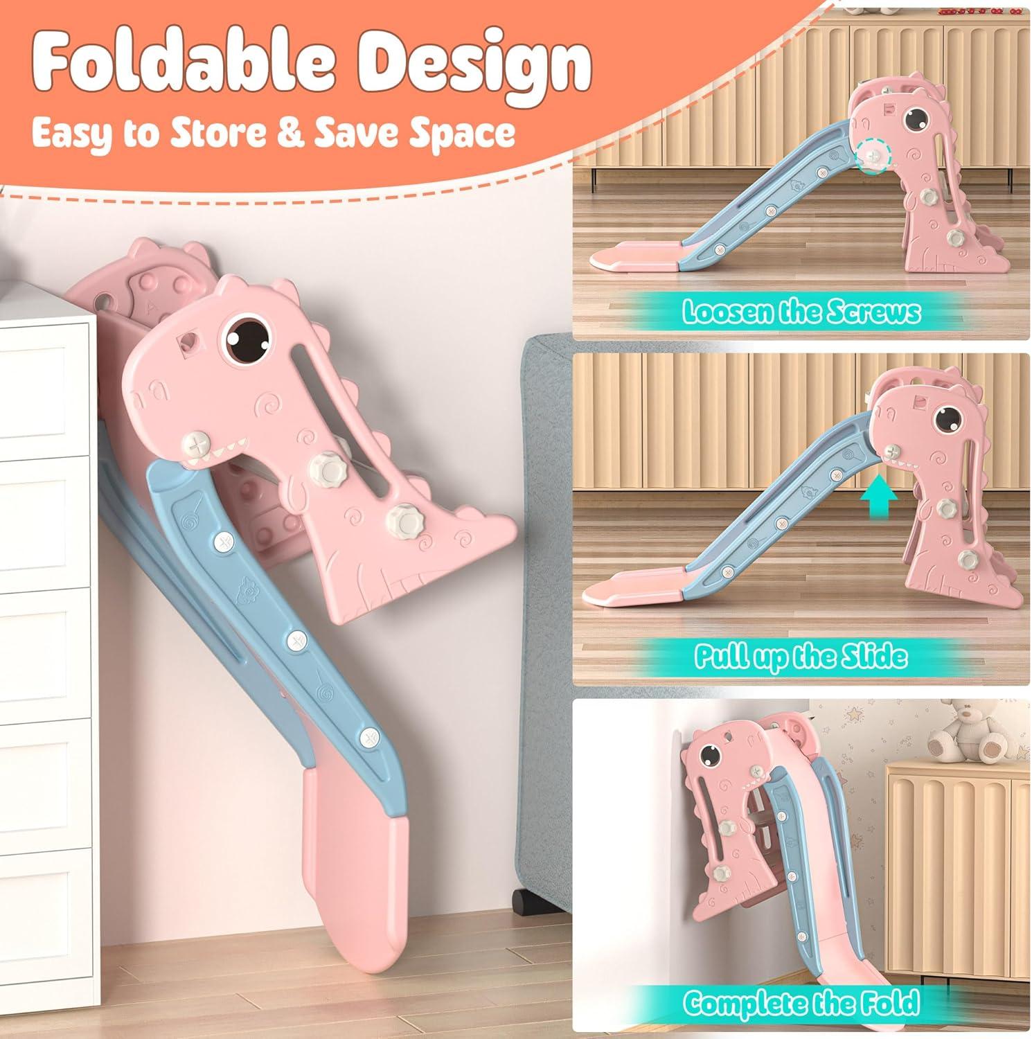 Nyeekoy 3 in 1 Foldable Toddler Large Slide w/ Climbing Ladder, Basketball Hoop, Indoor Outdoor Freestanding Playground for Kids