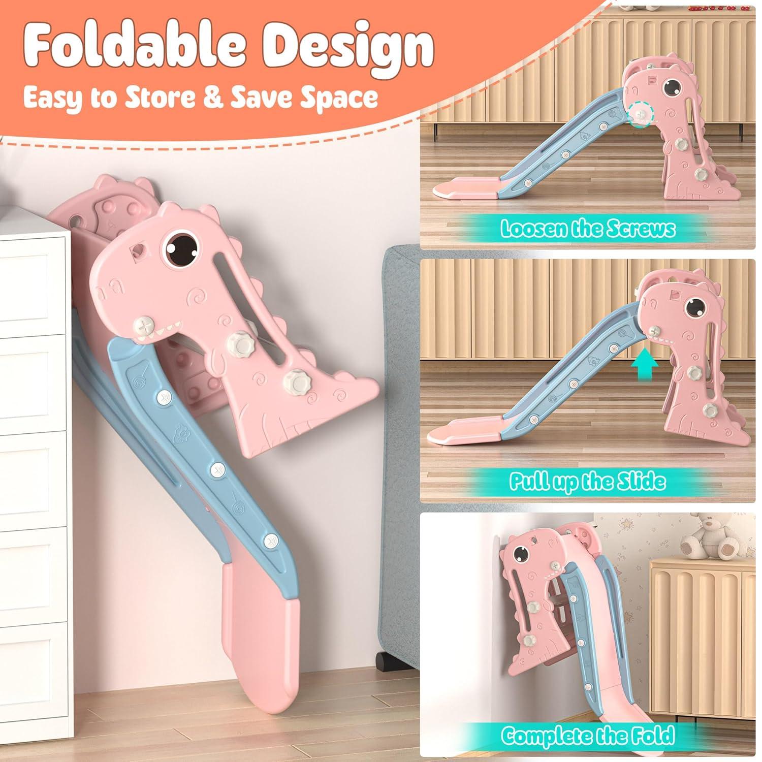 Nyeekoy 3 in 1 Foldable Toddler Large Slide w/ Climbing Ladder, Basketball Hoop, Indoor Outdoor Freestanding Playground for Kids