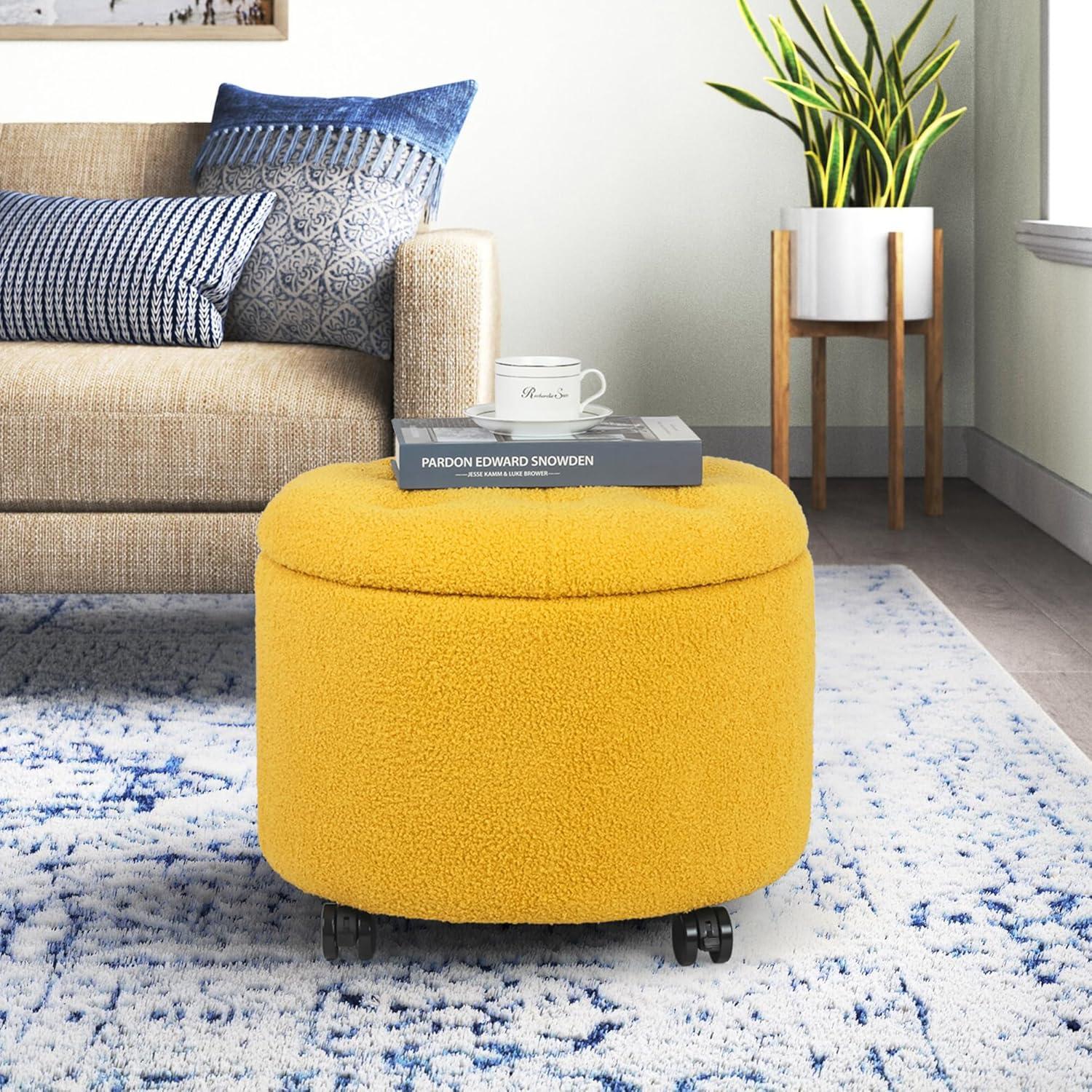 Round Storage Ottoman with Casters, Teddy Velvet Button Tufted Foot Rest Stool for Living Room Bedroom