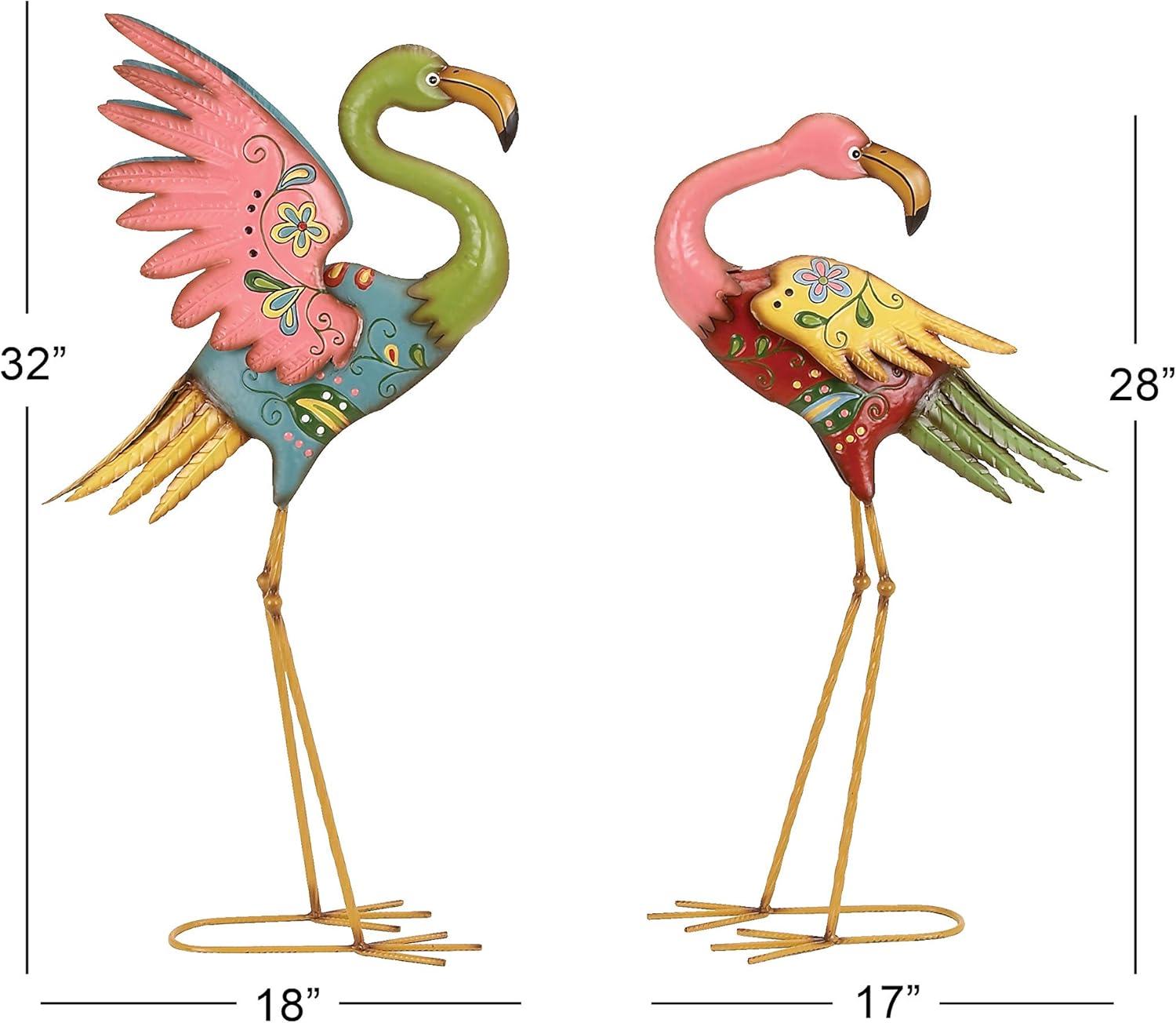 28" Multicolor Hand-Painted Metal Flamingo Garden Sculptures, Set of 2