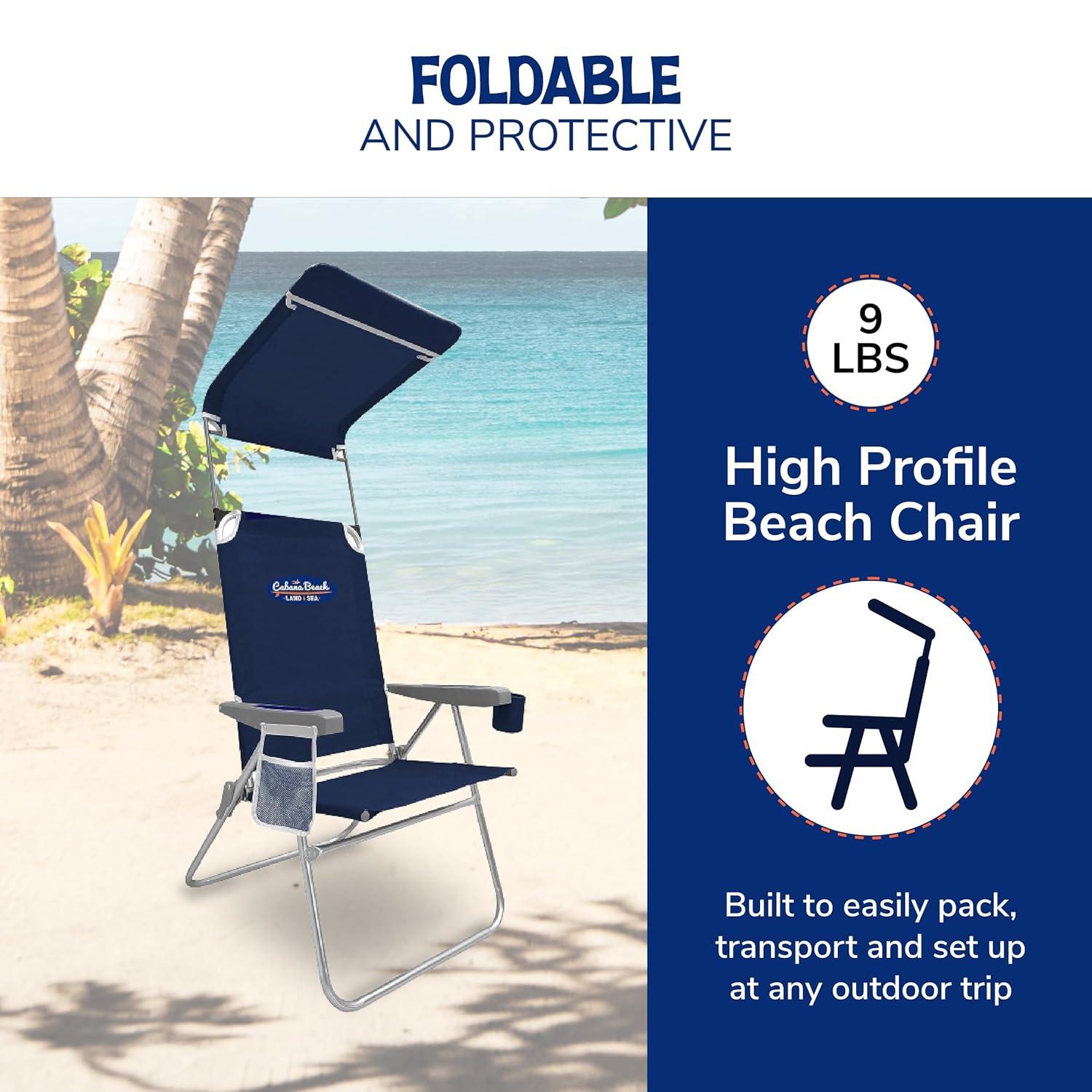 Cabana Beach High Back Beach Chair with Canopy, 225lb Capacity, Navy