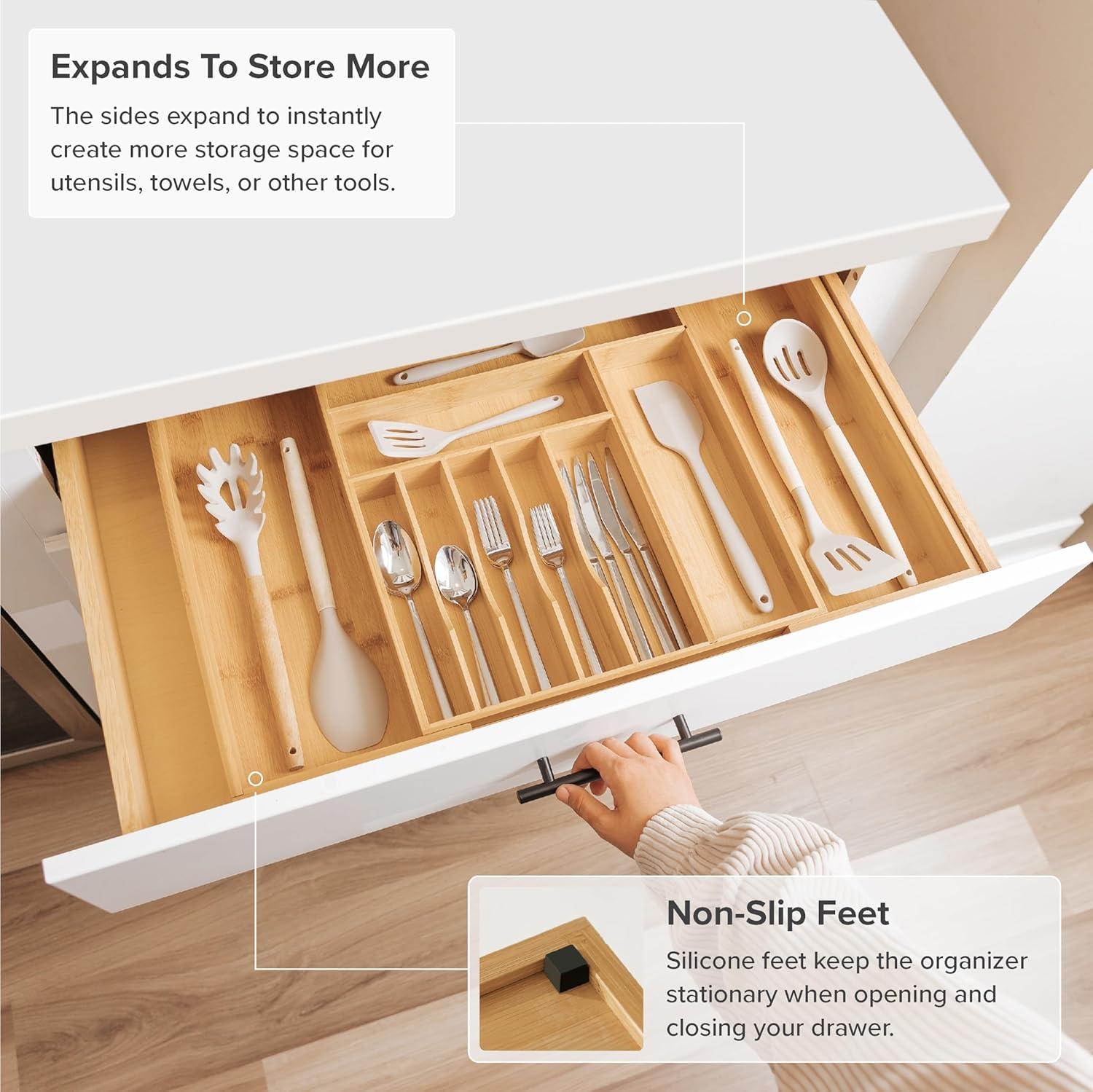 KitchenEdge Utensil Bamboo Organizer for Kitchen Drawers, Expandable to 28 in, 10 Compartments